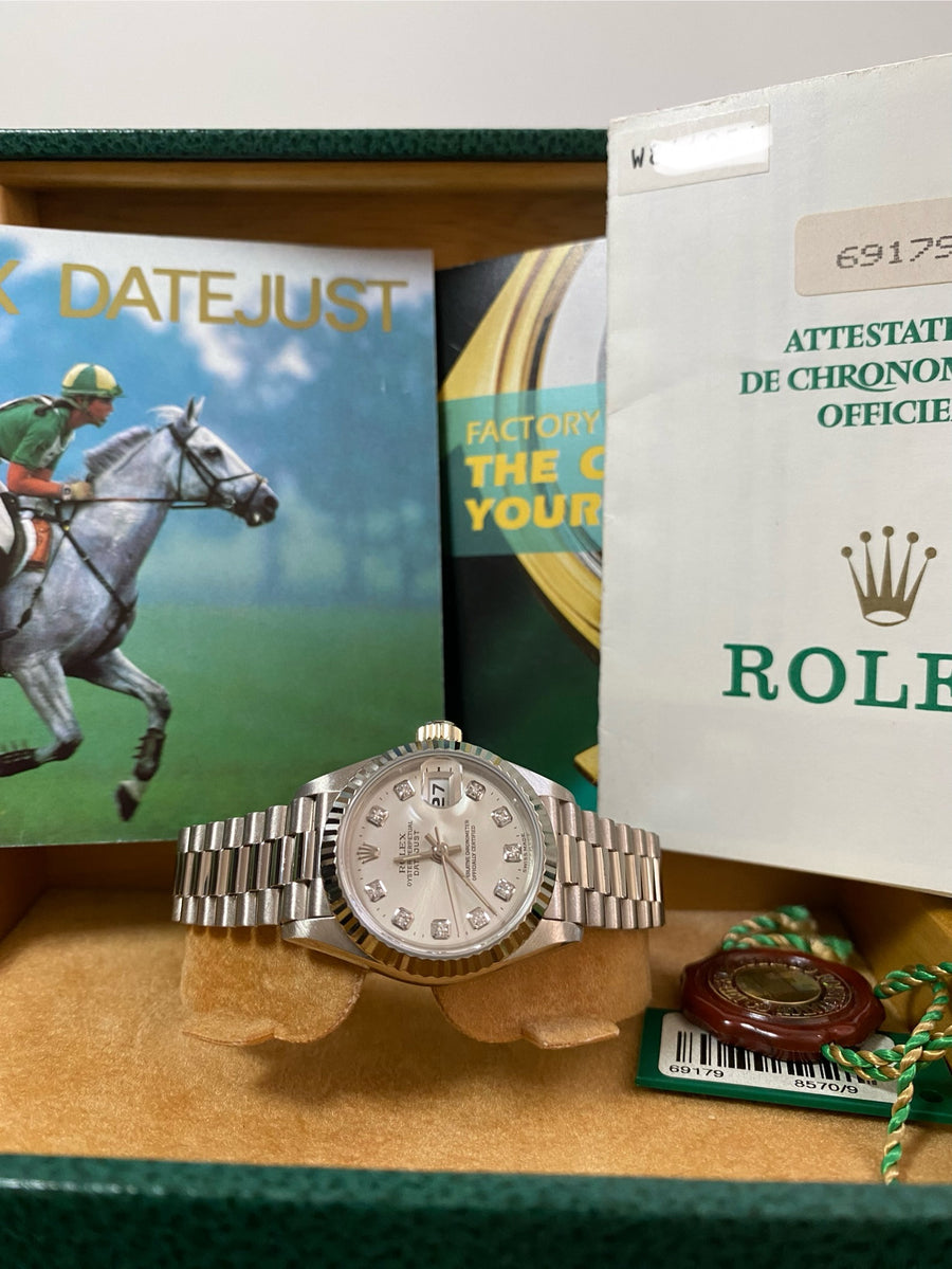 Rolex White Gold Lady-Datejust - 1995 - Fluted Bezel - Factory Diamond Dial - President Bracelet - 69179 *FULL SET*