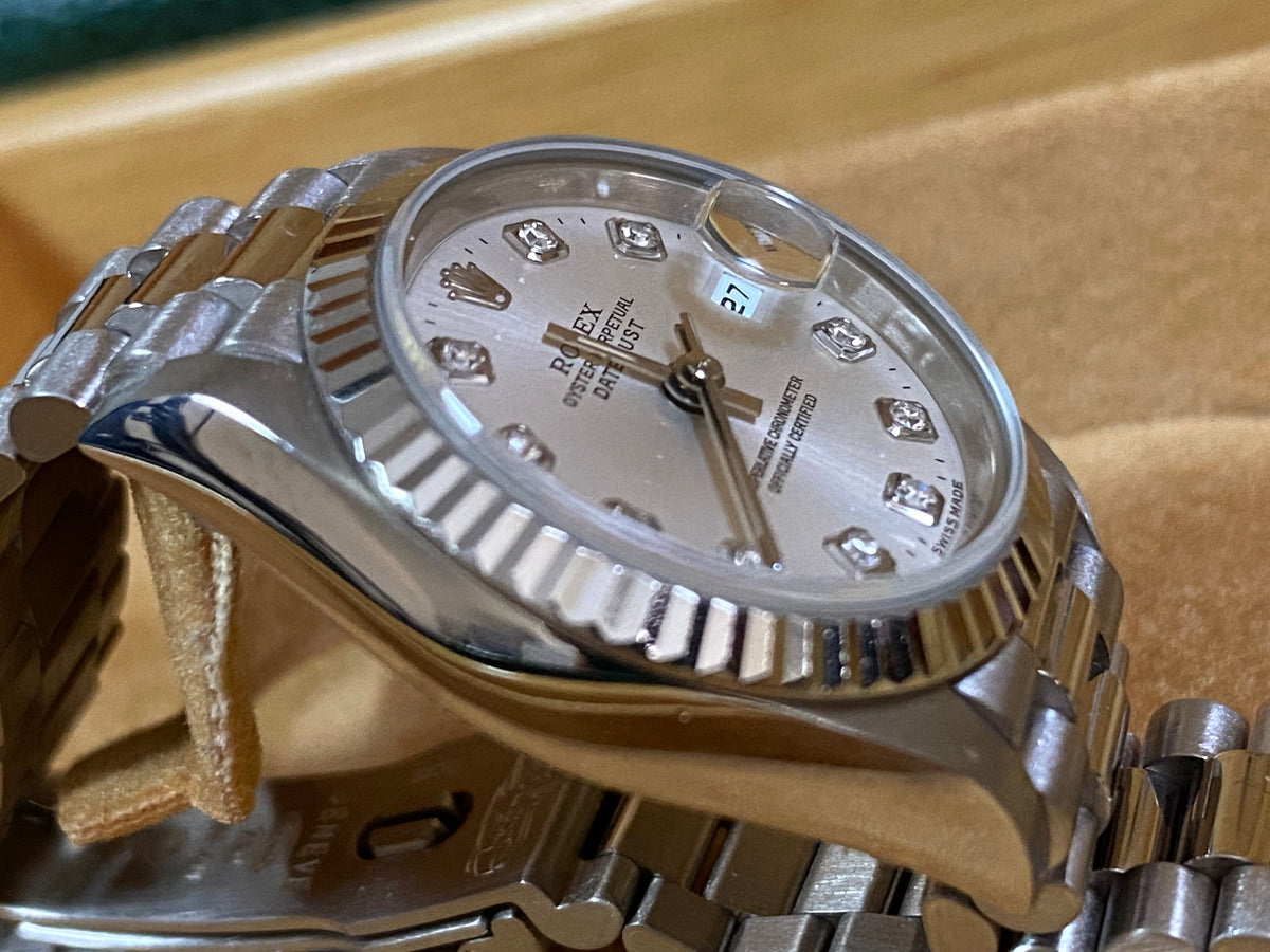 Rolex White Gold Lady-Datejust - 1995 - Fluted Bezel - Factory Diamond Dial - President Bracelet - 69179 *FULL SET*