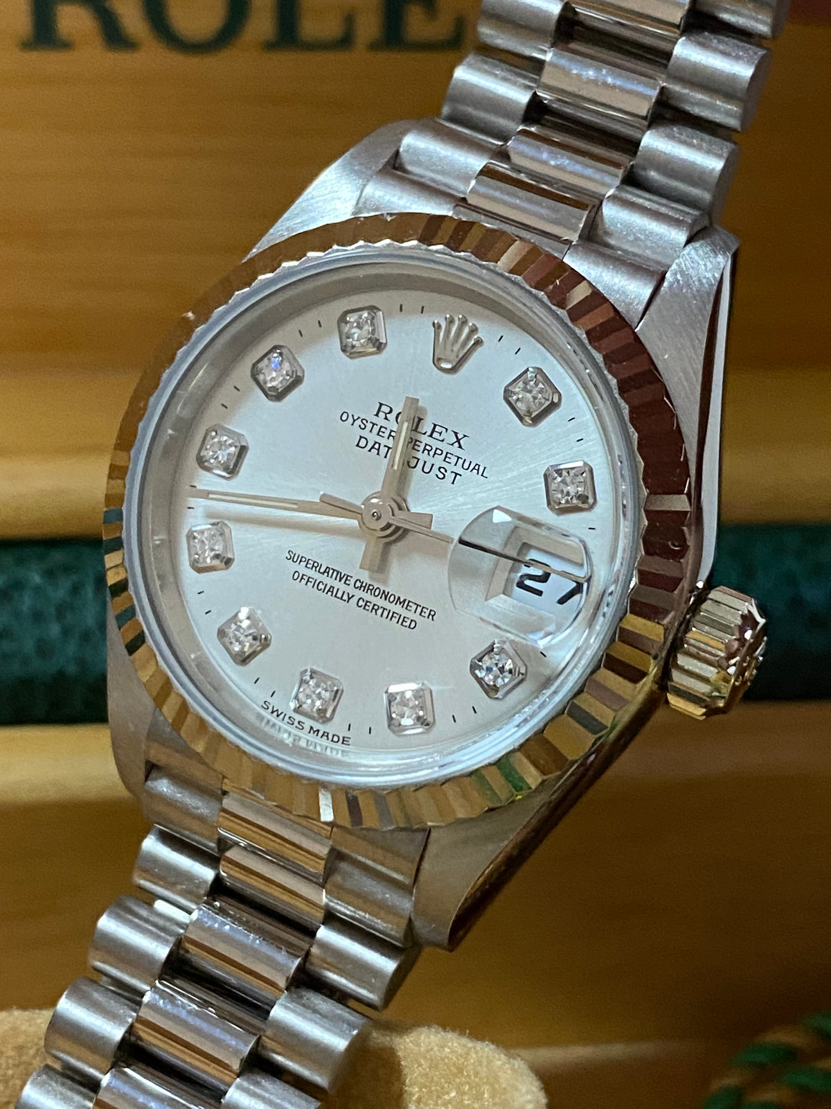 Rolex White Gold Lady-Datejust - 1995 - Fluted Bezel - Factory Diamond Dial - President Bracelet - 69179 *FULL SET*