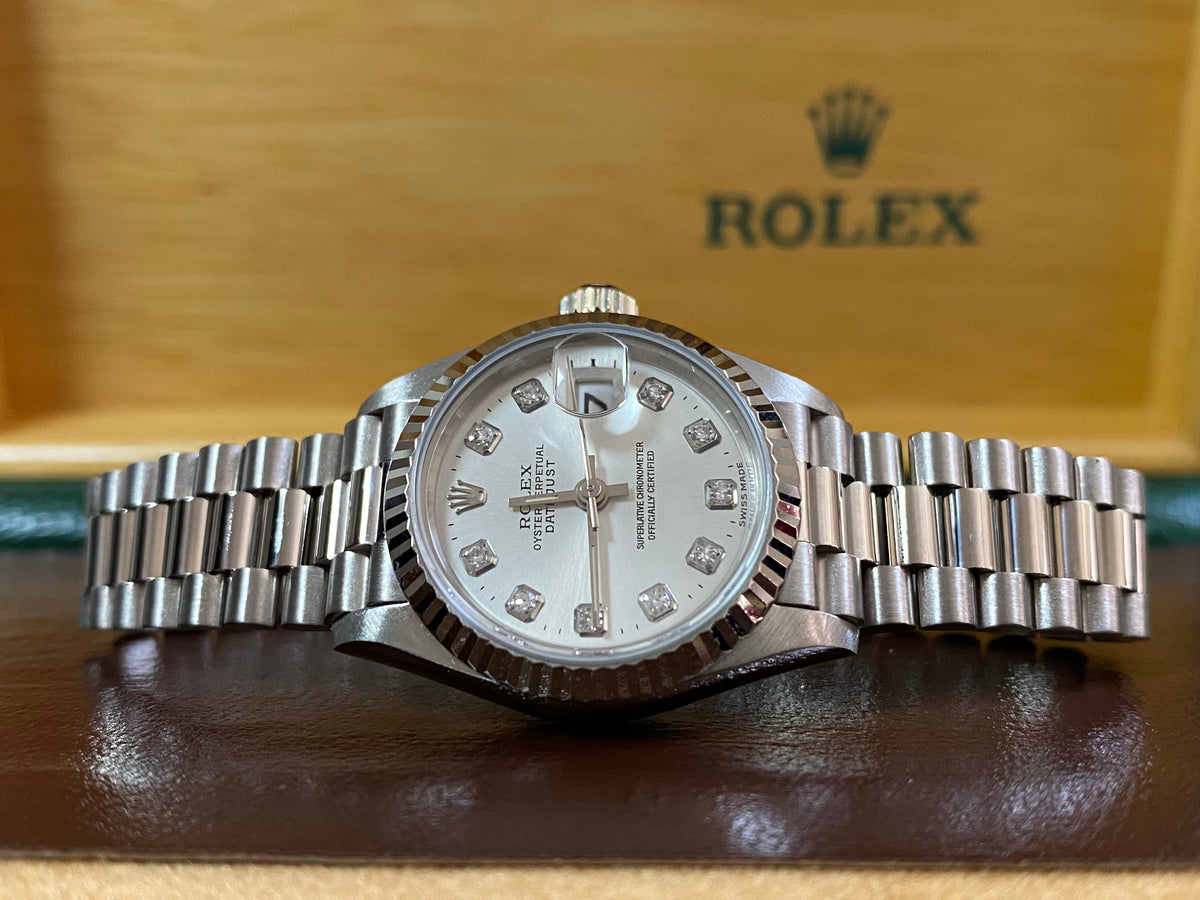 Rolex White Gold Lady-Datejust - 1995 - Fluted Bezel - Factory Diamond Dial - President Bracelet - 69179 *FULL SET*