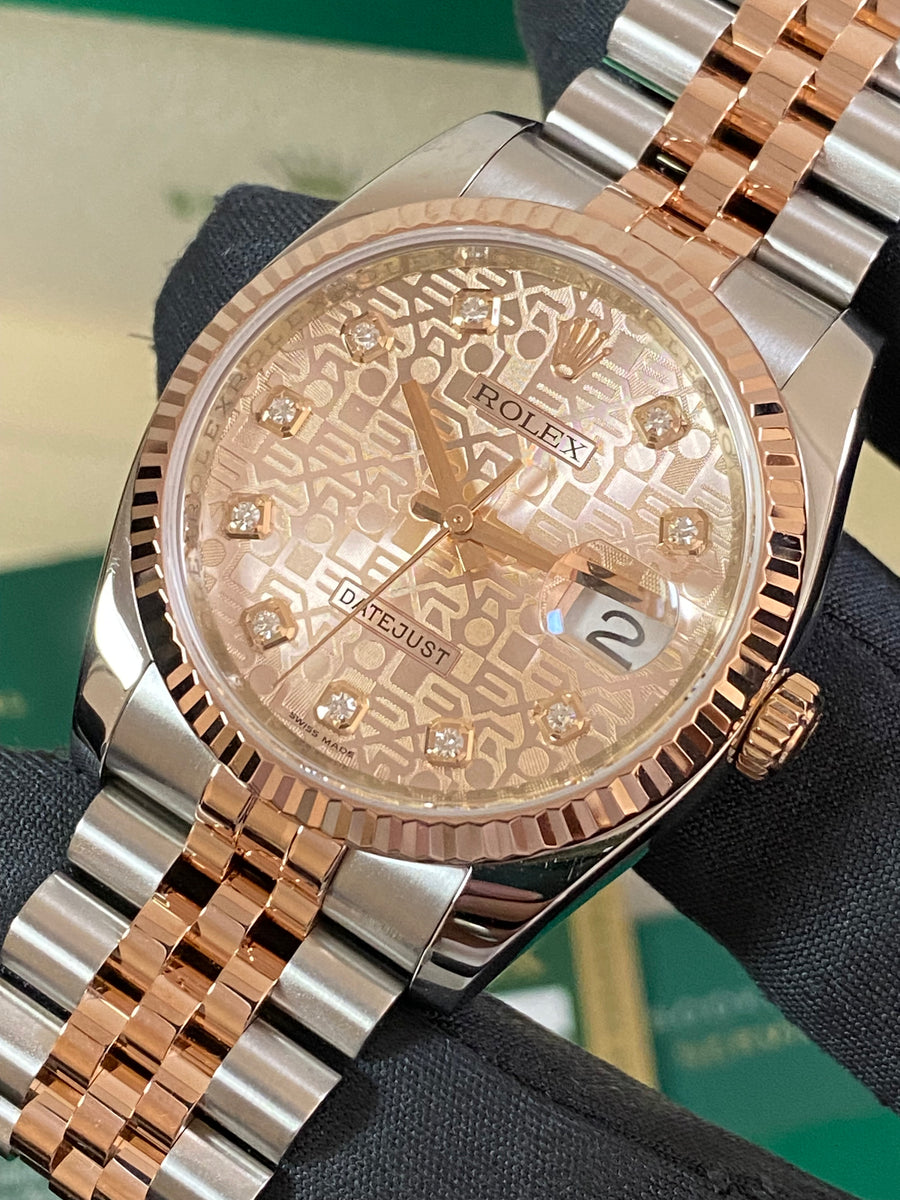 Rolex Steel and Everose Gold Datejust 36 - 2011 - Fluted Bezel - Anniversary Diamond Dial - Jubilee Bracelet - 116231 *FULL SET*