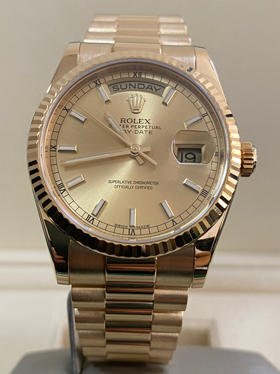 Rolex Yellow Gold Day-Date 36 - 2015 - Fluted Bezel - Champagne Dial - President Bracelet - 118238 *FULL SET*