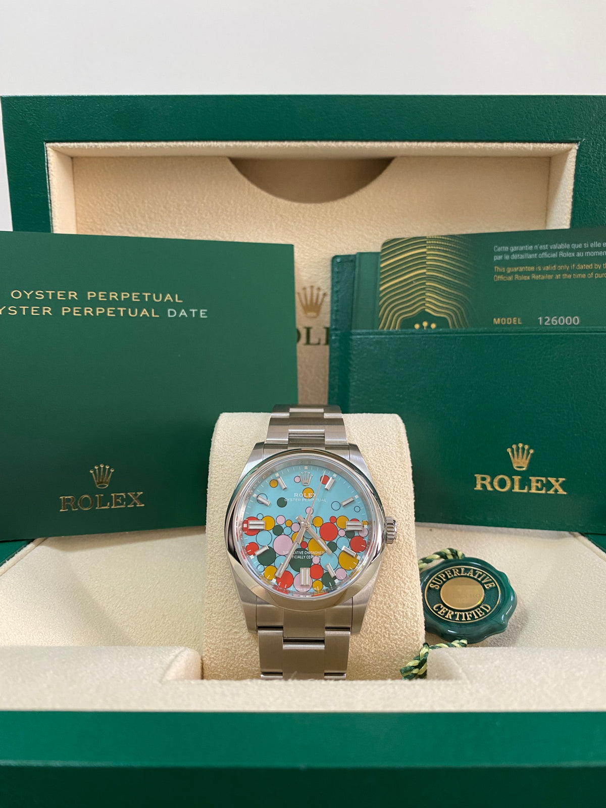 Rolex Oyster Perpetual 36 - 2024 - Domed Bezel - Turquoise Blue Celebration-Motif Dial - Oyster Bracelet - 126000 *FULL SET*