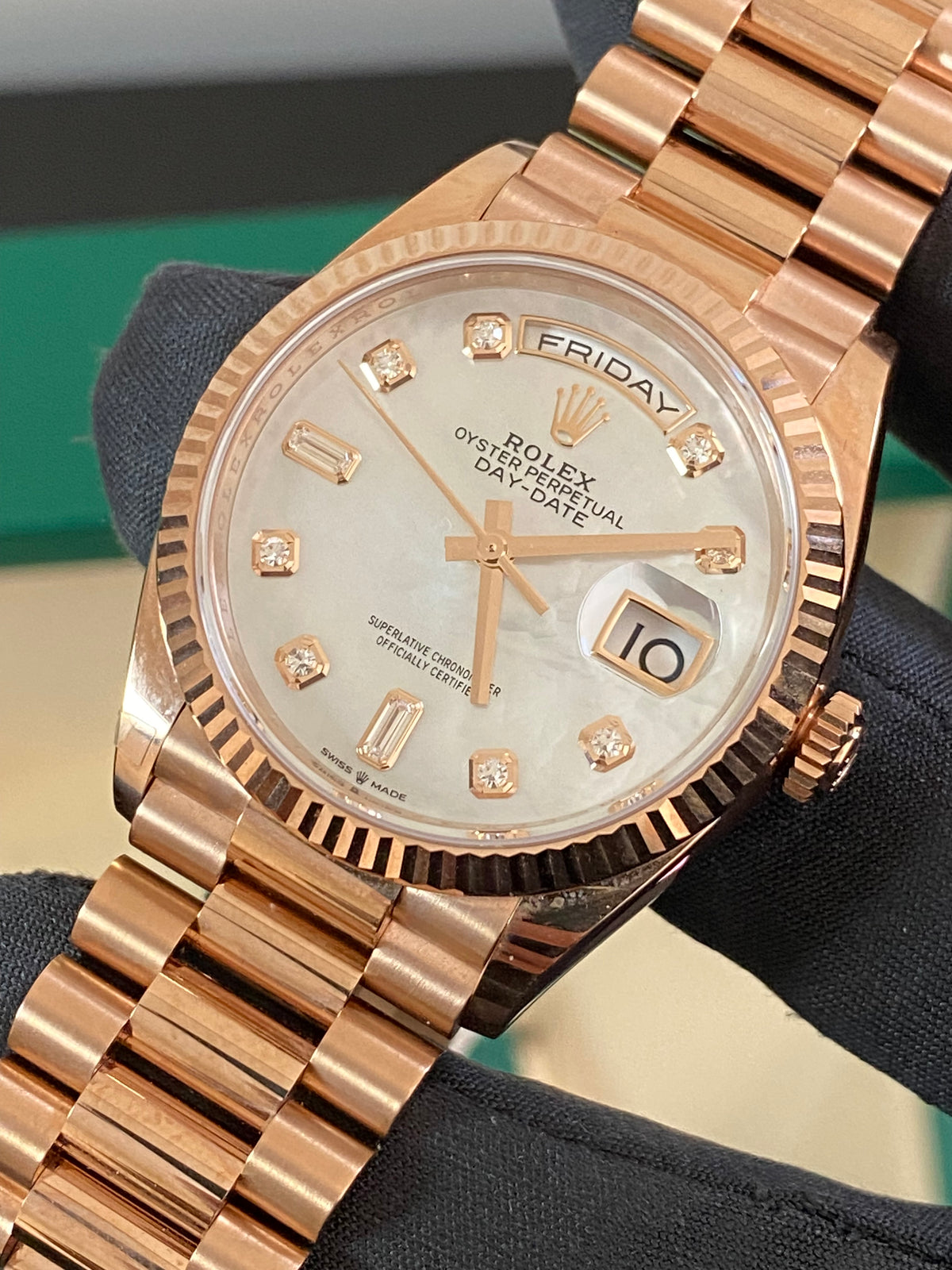 Rolex Everose Gold Day-Date 36 - 2023 - Fluted Bezel - Mother of Pearl Diamond Dial - President Bracelet - 128235 *FULL SET*