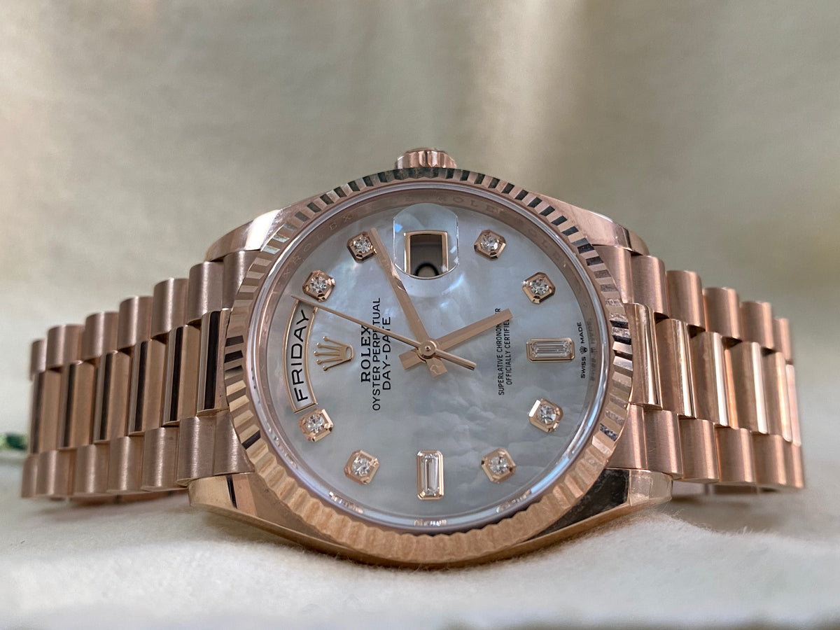 Rolex Everose Gold Day-Date 36 - 2023 - Fluted Bezel - Mother of Pearl Diamond Dial - President Bracelet - 128235 *FULL SET*