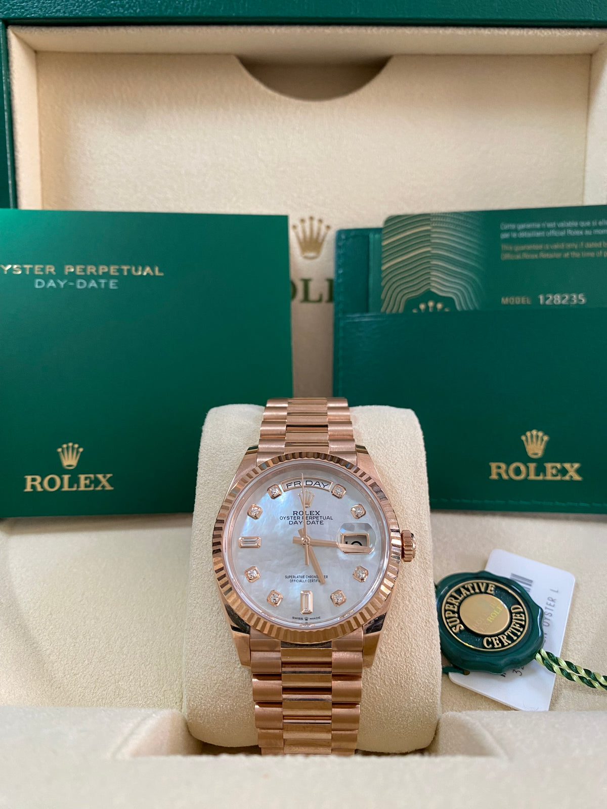 Rolex Everose Gold Day-Date 36 - 2023 - Fluted Bezel - Mother of Pearl Diamond Dial - President Bracelet - 128235 *FULL SET*