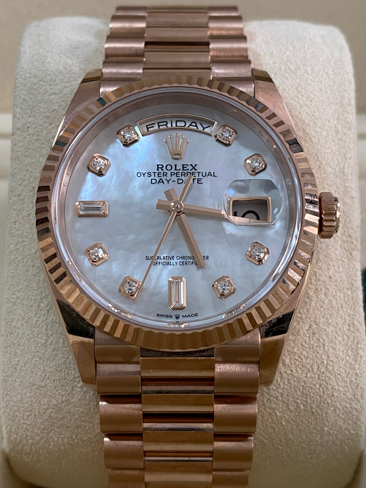 Rolex Everose Gold Day-Date 36 - 2023 - Fluted Bezel - Mother of Pearl Diamond Dial - President Bracelet - 128235 *FULL SET*