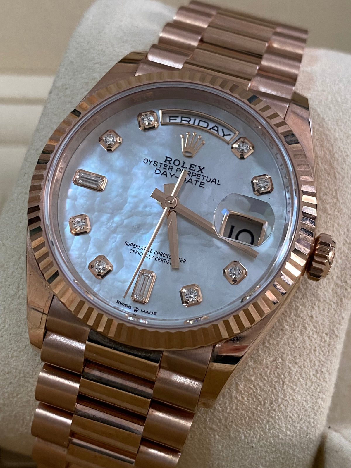 Rolex Everose Gold Day-Date 36 - 2023 - Fluted Bezel - Mother of Pearl Diamond Dial - President Bracelet - 128235 *FULL SET*