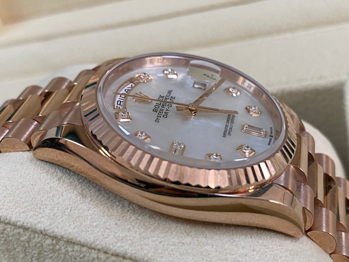 Rolex Everose Gold Day-Date 36 - 2023 - Fluted Bezel - Mother of Pearl Diamond Dial - President Bracelet - 128235 *FULL SET*