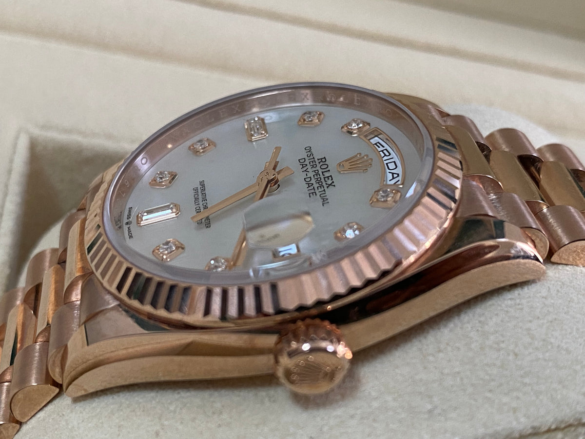 Rolex Everose Gold Day-Date 36 - 2023 - Fluted Bezel - Mother of Pearl Diamond Dial - President Bracelet - 128235 *FULL SET*