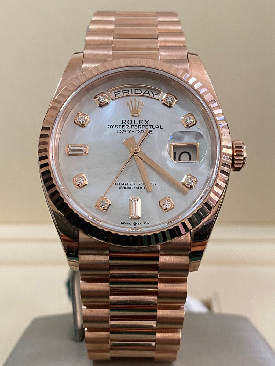 Rolex Everose Gold Day-Date 36 - 2023 - Fluted Bezel - Mother of Pearl Diamond Dial - President Bracelet - 128235 *FULL SET*