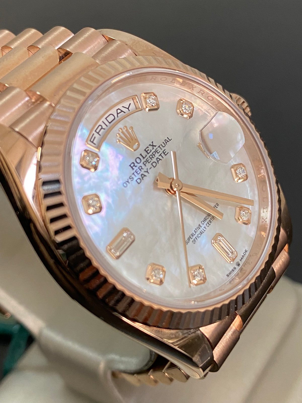 Rolex Everose Gold Day-Date 36 - 2023 - Fluted Bezel - Mother of Pearl Diamond Dial - President Bracelet - 128235 *FULL SET*