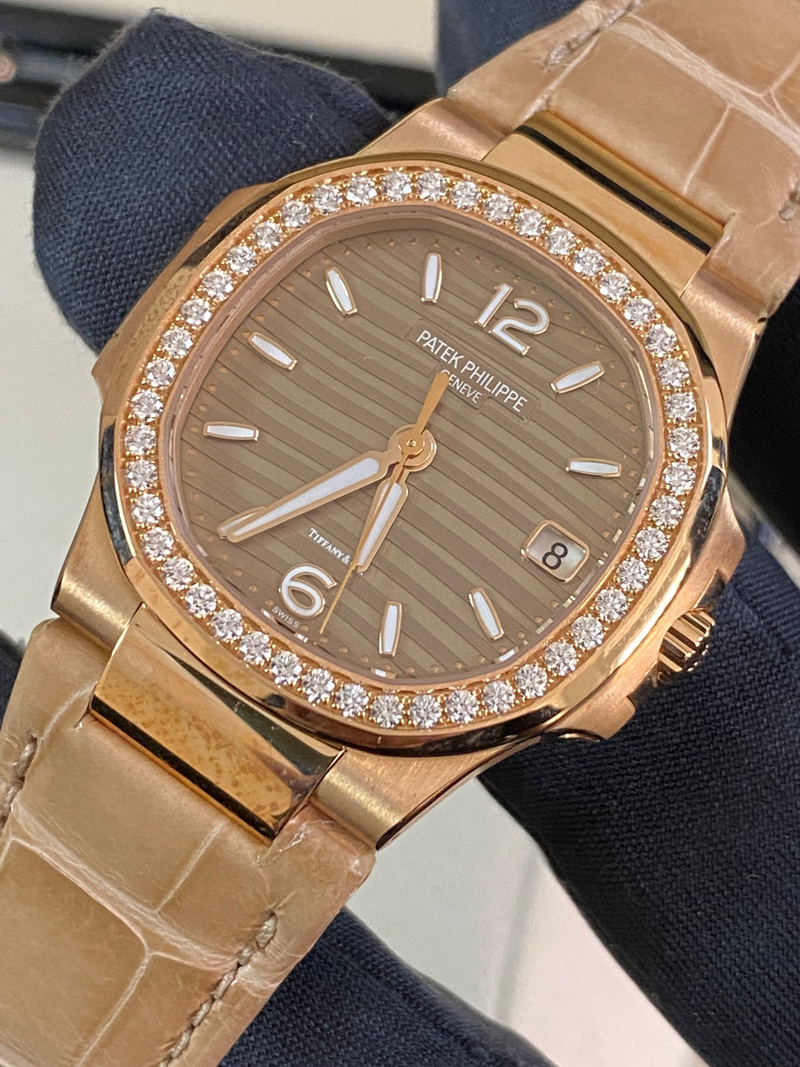 Patek Philippe Rose Gold Ladies Nautilus - "Tiffany" - Diamond Bezel - Gold Wave Motif Dial - 7010R-012 *FULL SET*