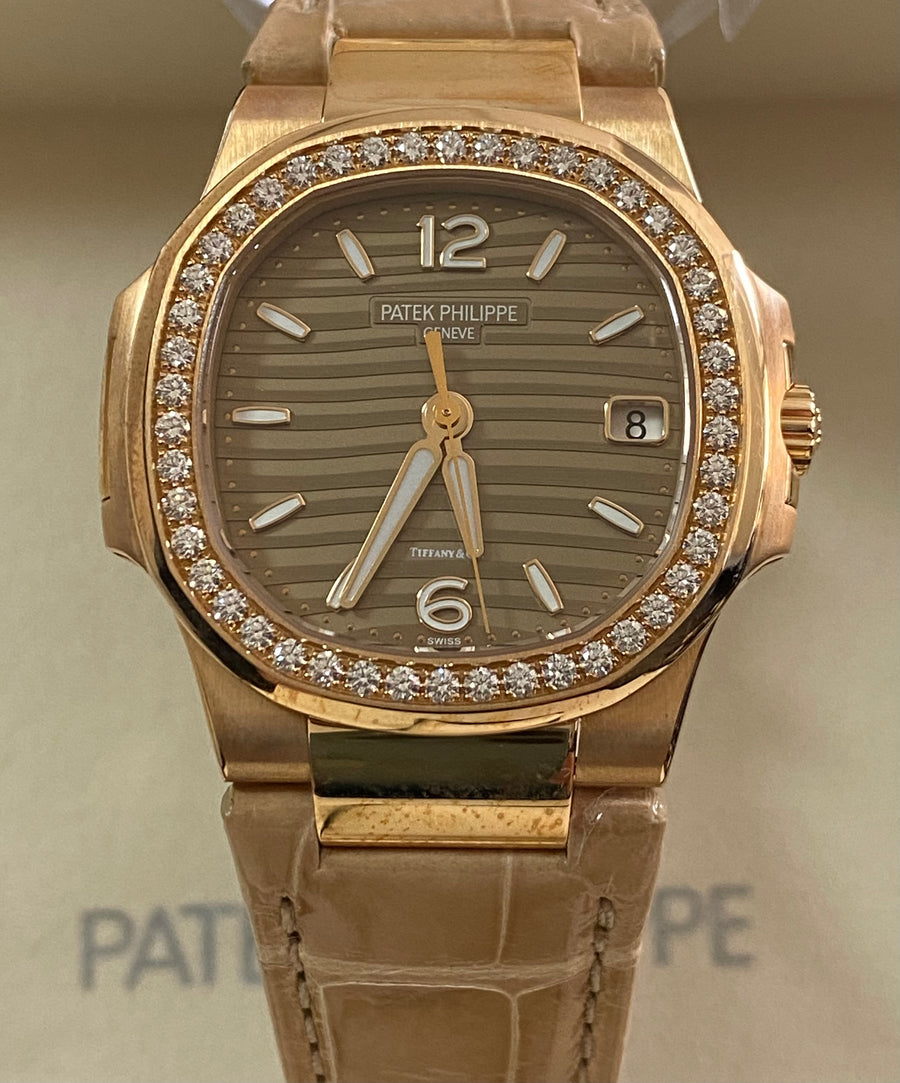 Patek Philippe Rose Gold Ladies Nautilus - "Tiffany" - Diamond Bezel - Gold Wave Motif Dial - 7010R-012 *FULL SET*