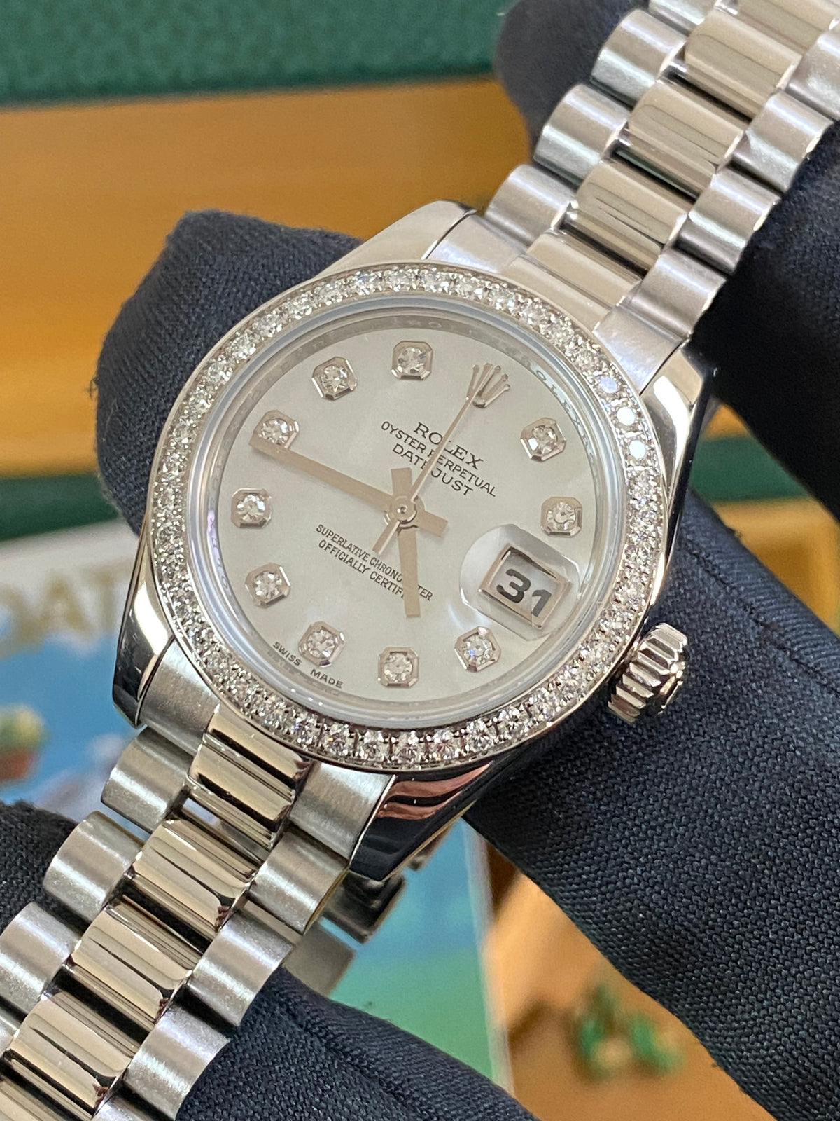 Rolex Platinum Lady-Datejust - Diamond Bezel - Mother-Of-Pearl Diamond Dial - President Bracelet - 179136