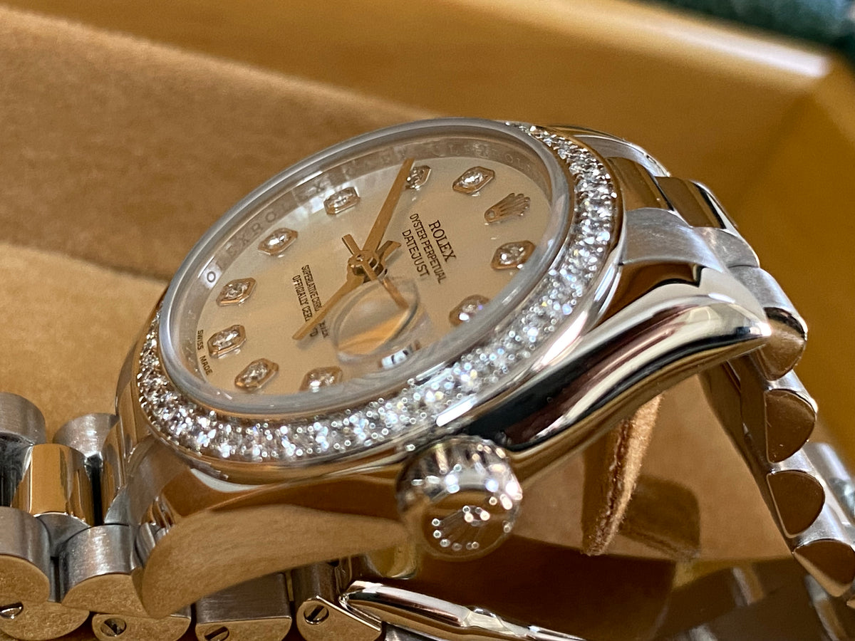 Rolex Platinum Lady-Datejust - Diamond Bezel - Mother-Of-Pearl Diamond Dial - President Bracelet - 179136