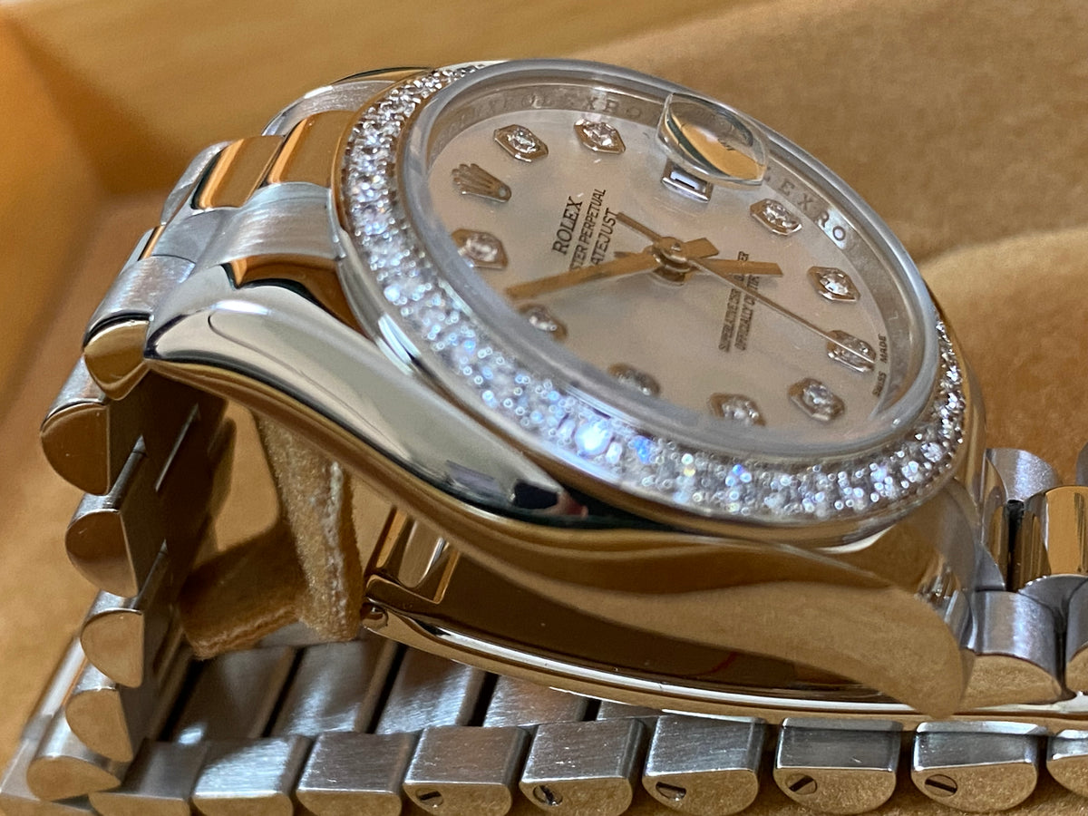 Rolex Platinum Lady-Datejust - Diamond Bezel - Mother-Of-Pearl Diamond Dial - President Bracelet - 179136