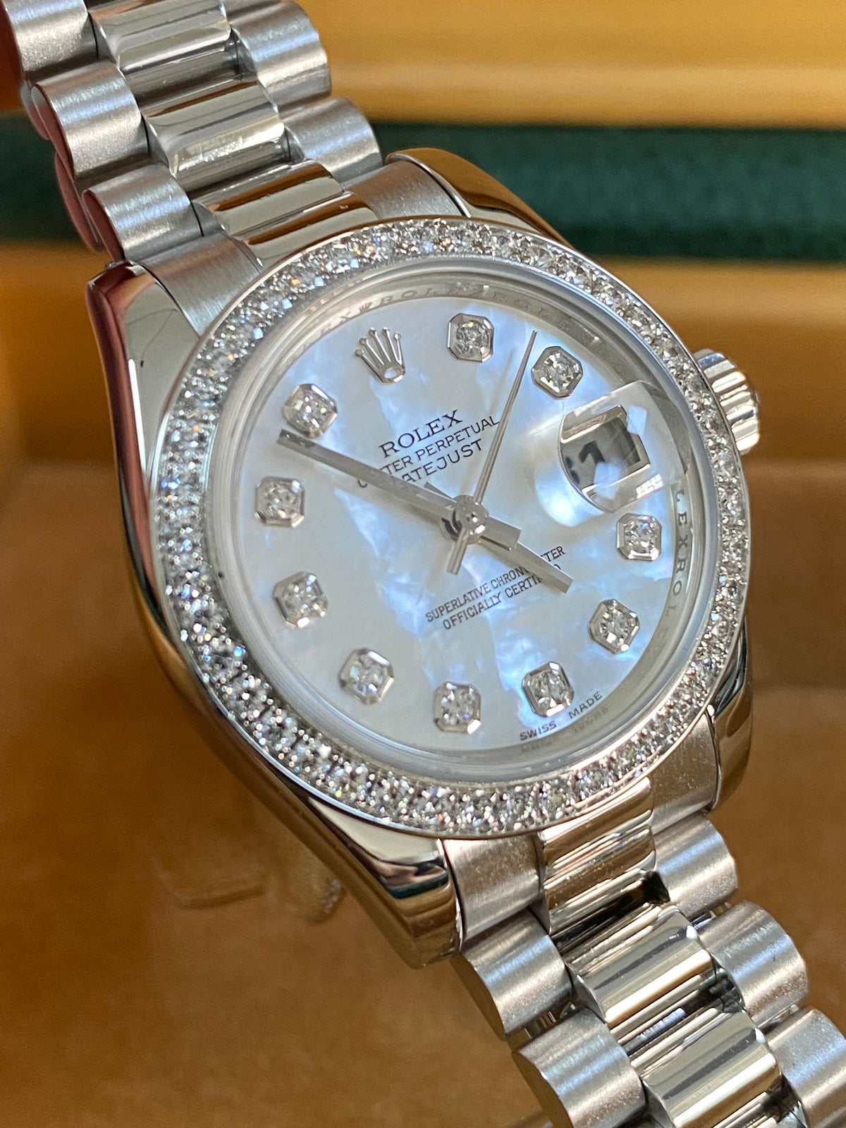 Rolex Platinum Lady-Datejust - Diamond Bezel - Mother-Of-Pearl Diamond Dial - President Bracelet - 179136