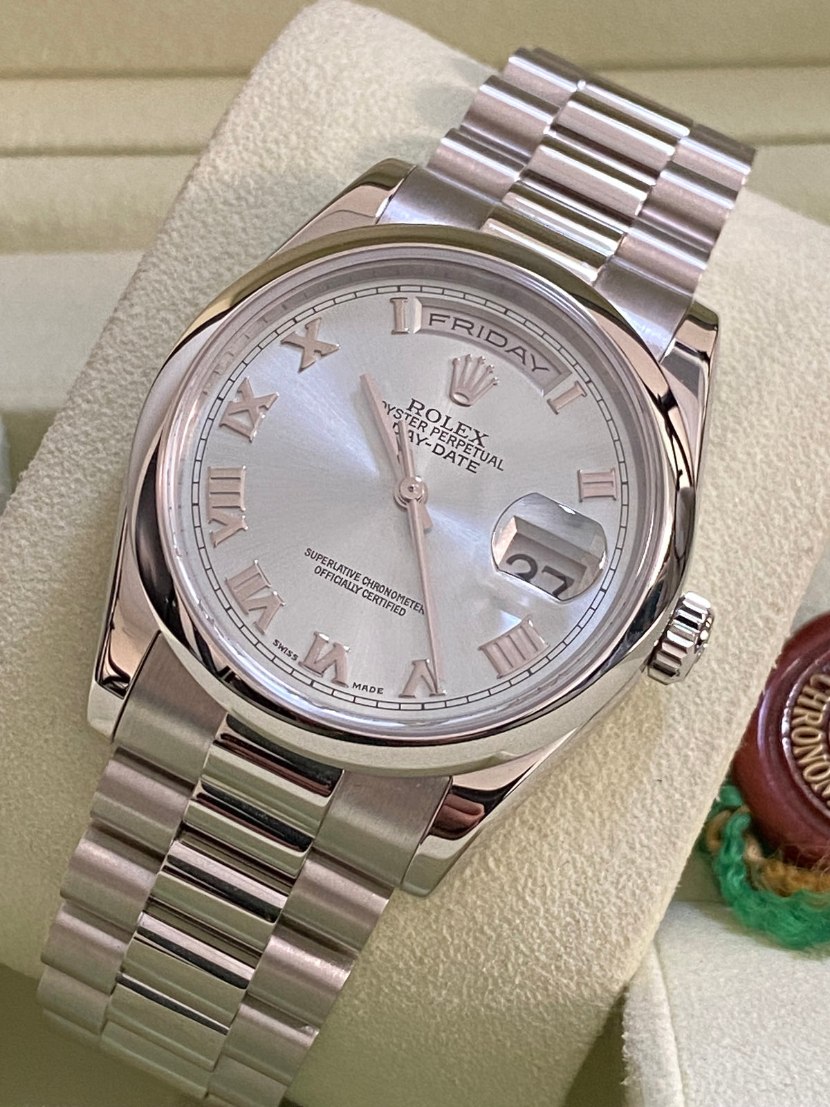 Rolex Platinum Day-Date 36 - K serial - Domed Bezel - Ice Blue Roman Dial - President Bracelet - 118206