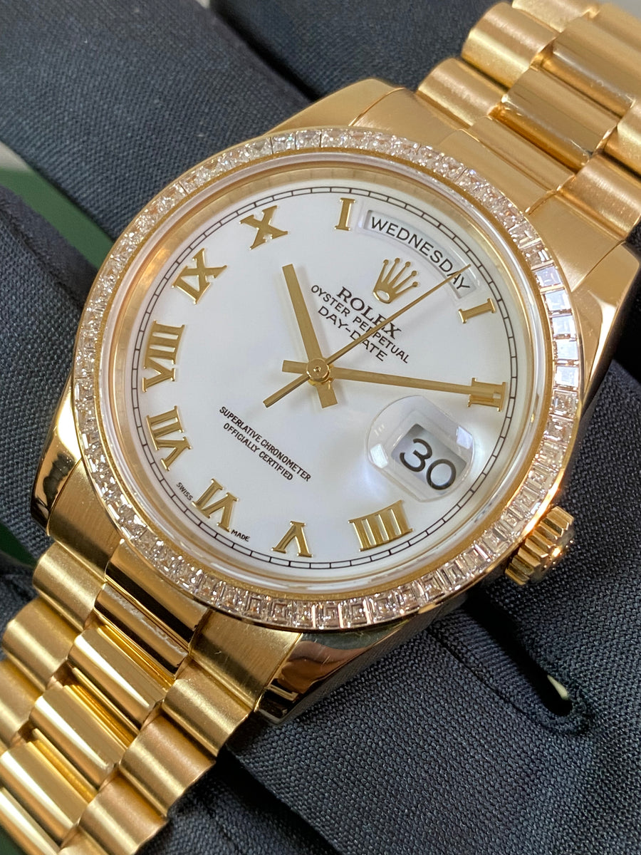 Rolex Yellow Gold Day-Date 36 - P Serial - Baguette Diamond Bezel - White Roman Dial - President Bracelet - 118398BR