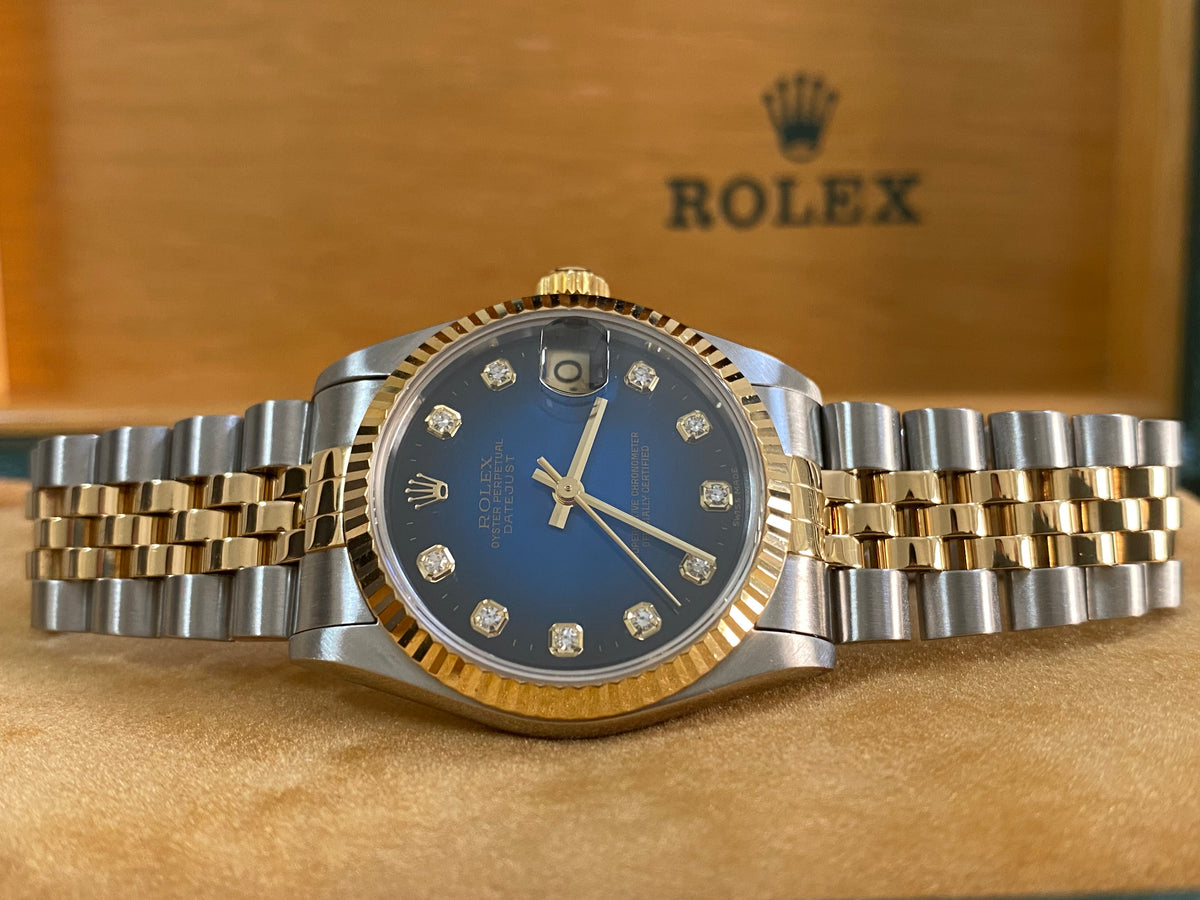 Rolex Steel and Yellow Gold Datejust 31 - T serial - Fluted Bezel - Blue Vignette Diamond Dial - Jubilee Bracelet - 68273