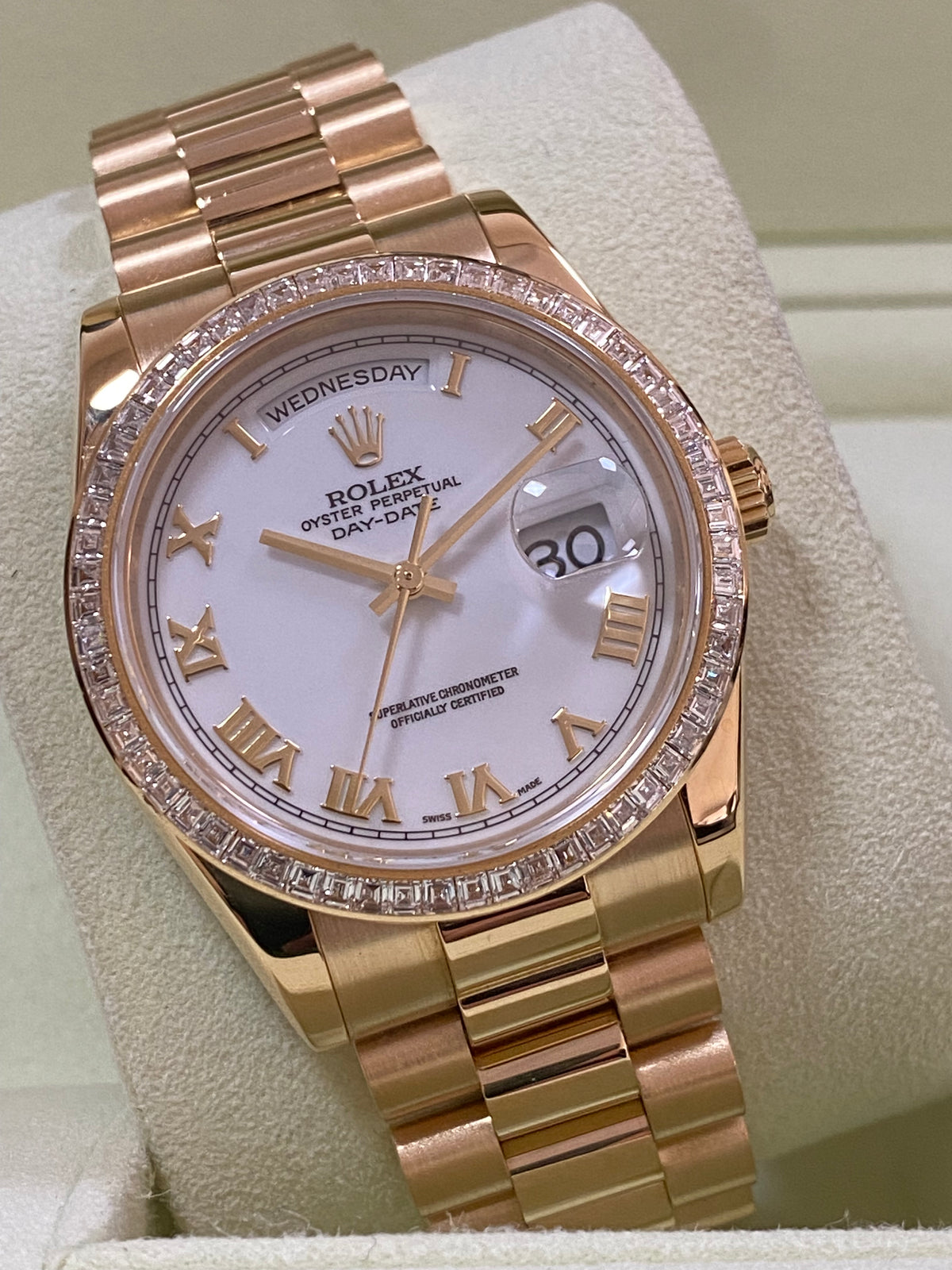 Rolex Yellow Gold Day-Date 36 - P Serial - Baguette Diamond Bezel - White Roman Dial - President Bracelet - 118398BR