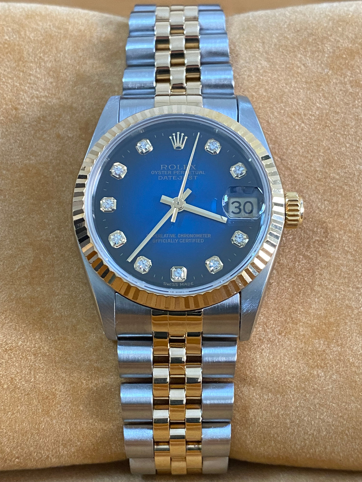 Rolex Steel and Yellow Gold Datejust 31 - T serial - Fluted Bezel - Blue Vignette Diamond Dial - Jubilee Bracelet - 68273