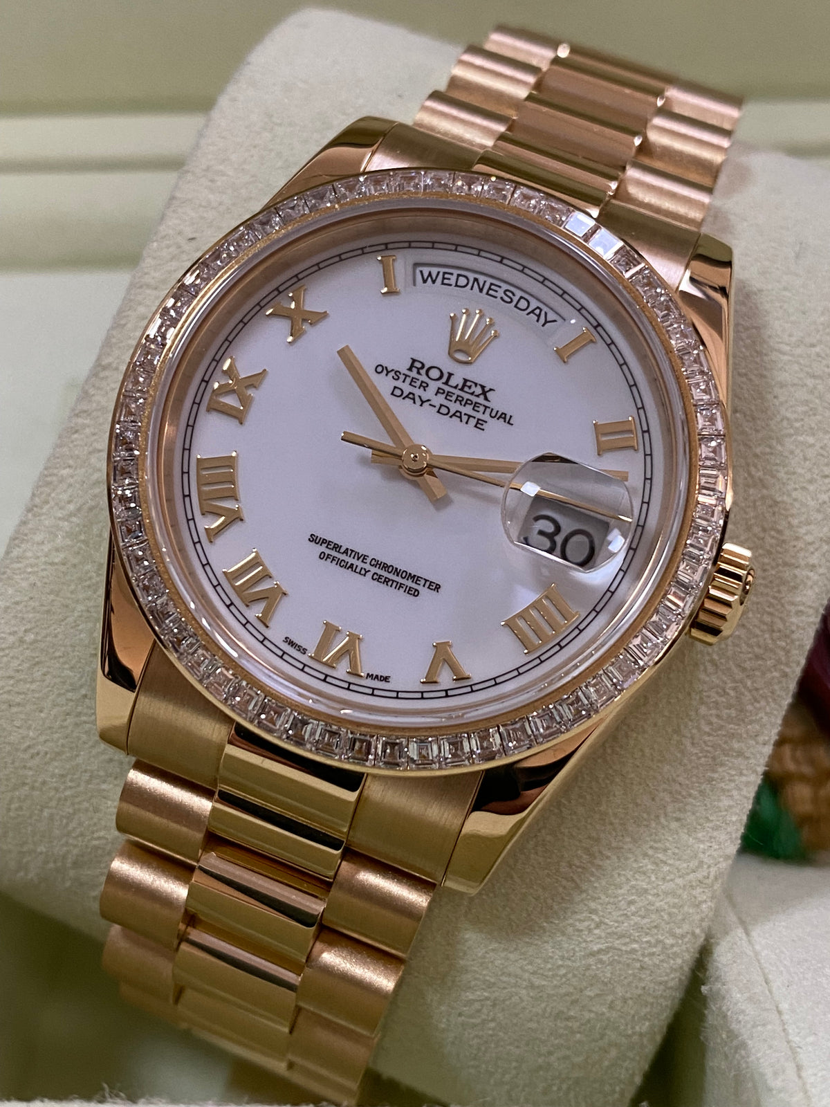 Rolex Yellow Gold Day-Date 36 - P Serial - Baguette Diamond Bezel - White Roman Dial - President Bracelet - 118398BR