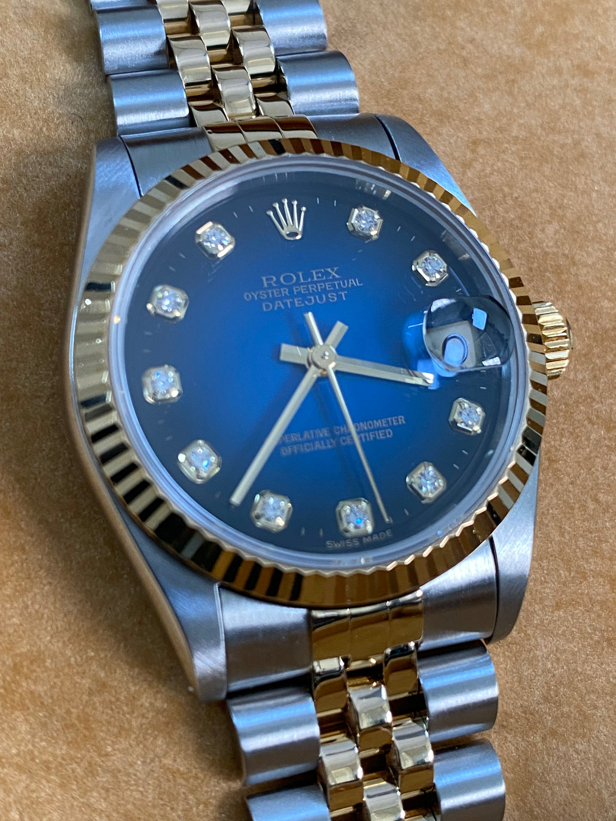 Rolex Steel and Yellow Gold Datejust 31 - T serial - Fluted Bezel - Blue Vignette Diamond Dial - Jubilee Bracelet - 68273