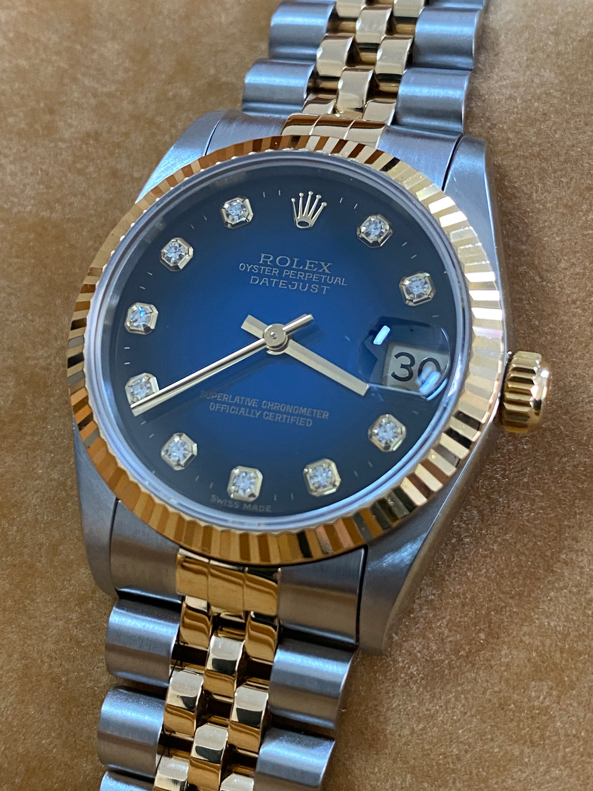 Rolex Steel and Yellow Gold Datejust 31 - T serial - Fluted Bezel - Blue Vignette Diamond Dial - Jubilee Bracelet - 68273