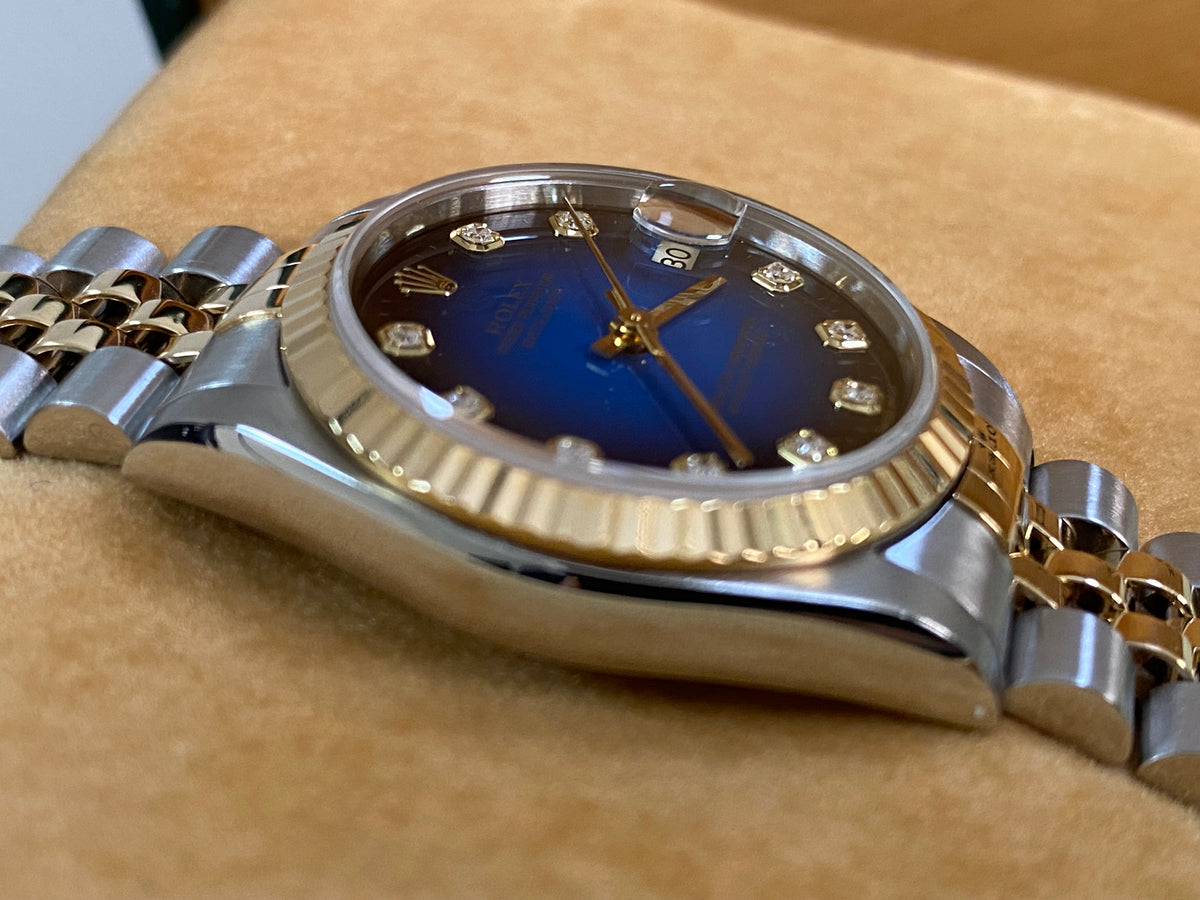 Rolex Steel and Yellow Gold Datejust 31 - T serial - Fluted Bezel - Blue Vignette Diamond Dial - Jubilee Bracelet - 68273