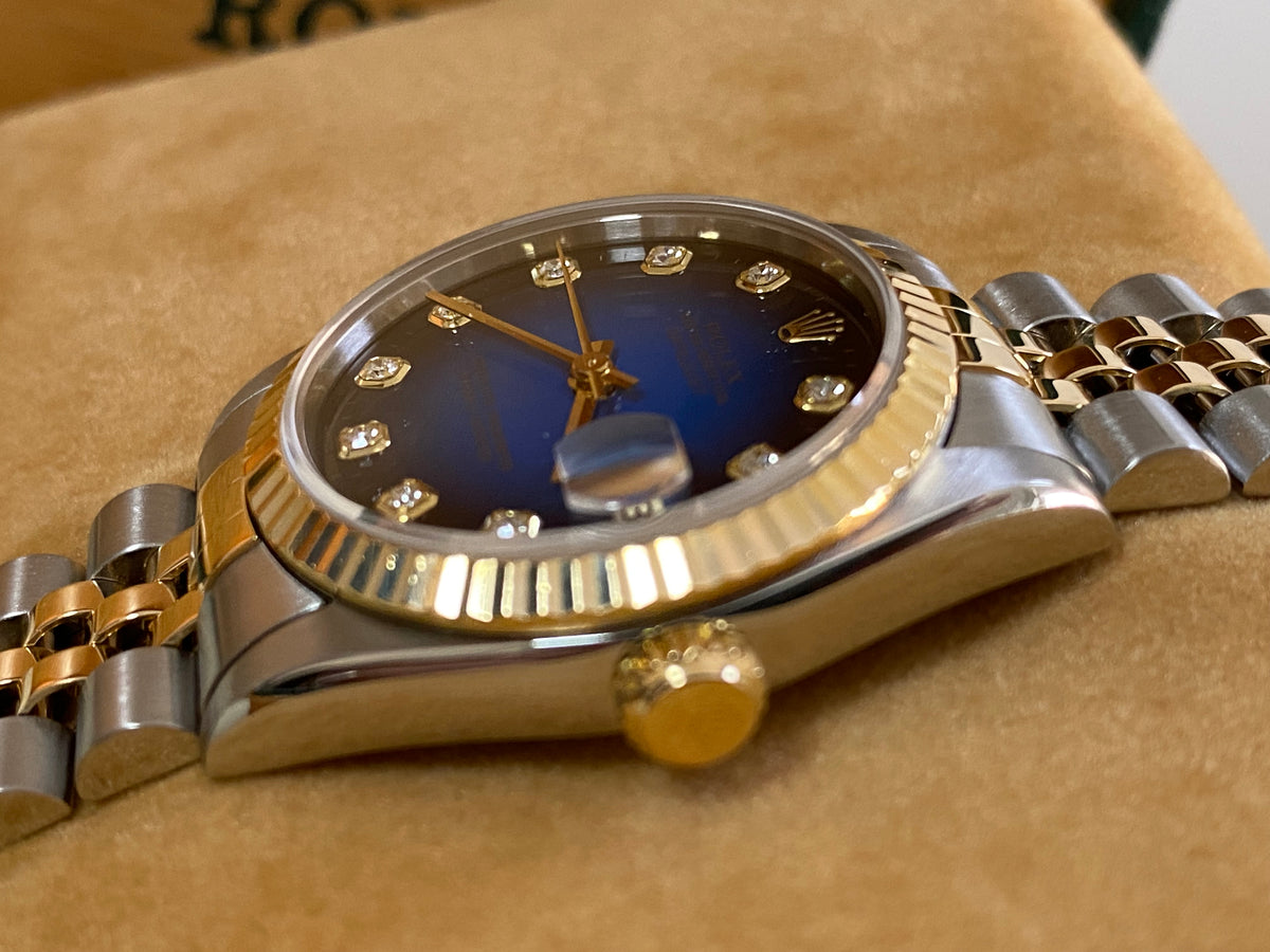 Rolex Steel and Yellow Gold Datejust 31 - T serial - Fluted Bezel - Blue Vignette Diamond Dial - Jubilee Bracelet - 68273