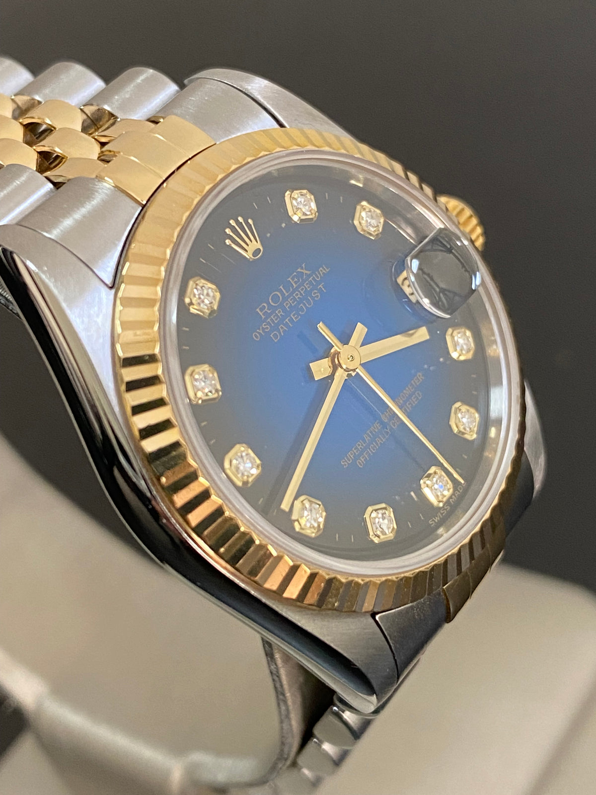 Rolex Steel and Yellow Gold Datejust 31 - T serial - Fluted Bezel - Blue Vignette Diamond Dial - Jubilee Bracelet - 68273