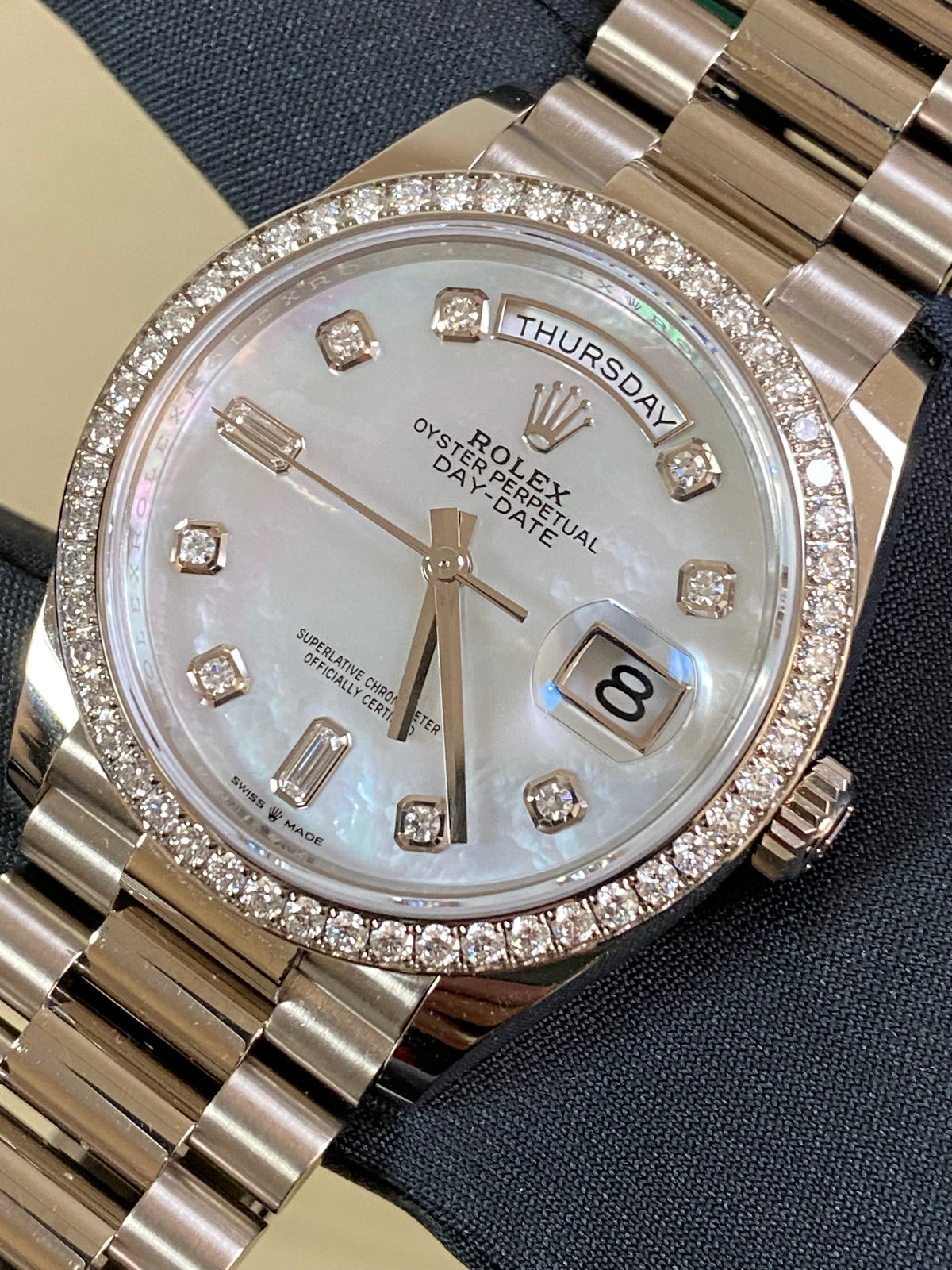 Rolex White Gold Day-Date 36 - 2023 - Diamond Bezel - Mother-of-Pearl Diamond Dial - President Bracelet - 128349RBR