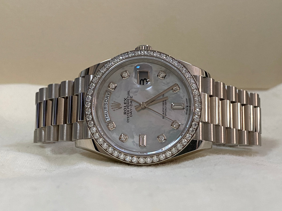 Rolex White Gold Day-Date 36 - 2023 - Diamond Bezel - Mother-of-Pearl Diamond Dial - President Bracelet - 128349RBR