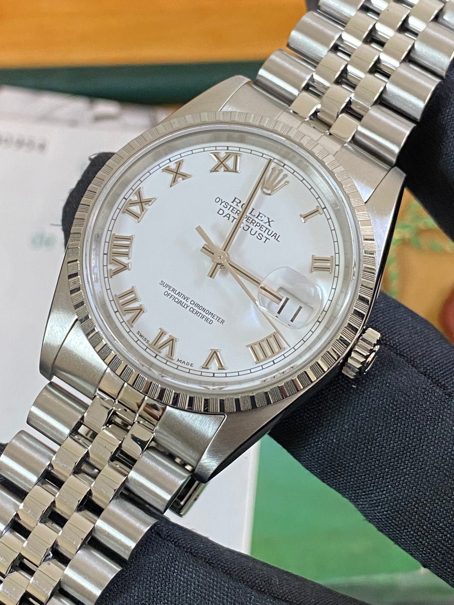 Rolex Steel Datejust 36 - F serial - Engine Turned Bezel - White Roman Dial - Jubilee Bracelet - 16220