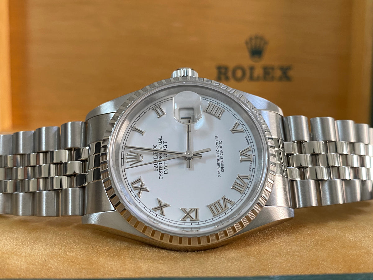 Rolex Steel Datejust 36 - F serial - Engine Turned Bezel - White Roman Dial - Jubilee Bracelet - 16220