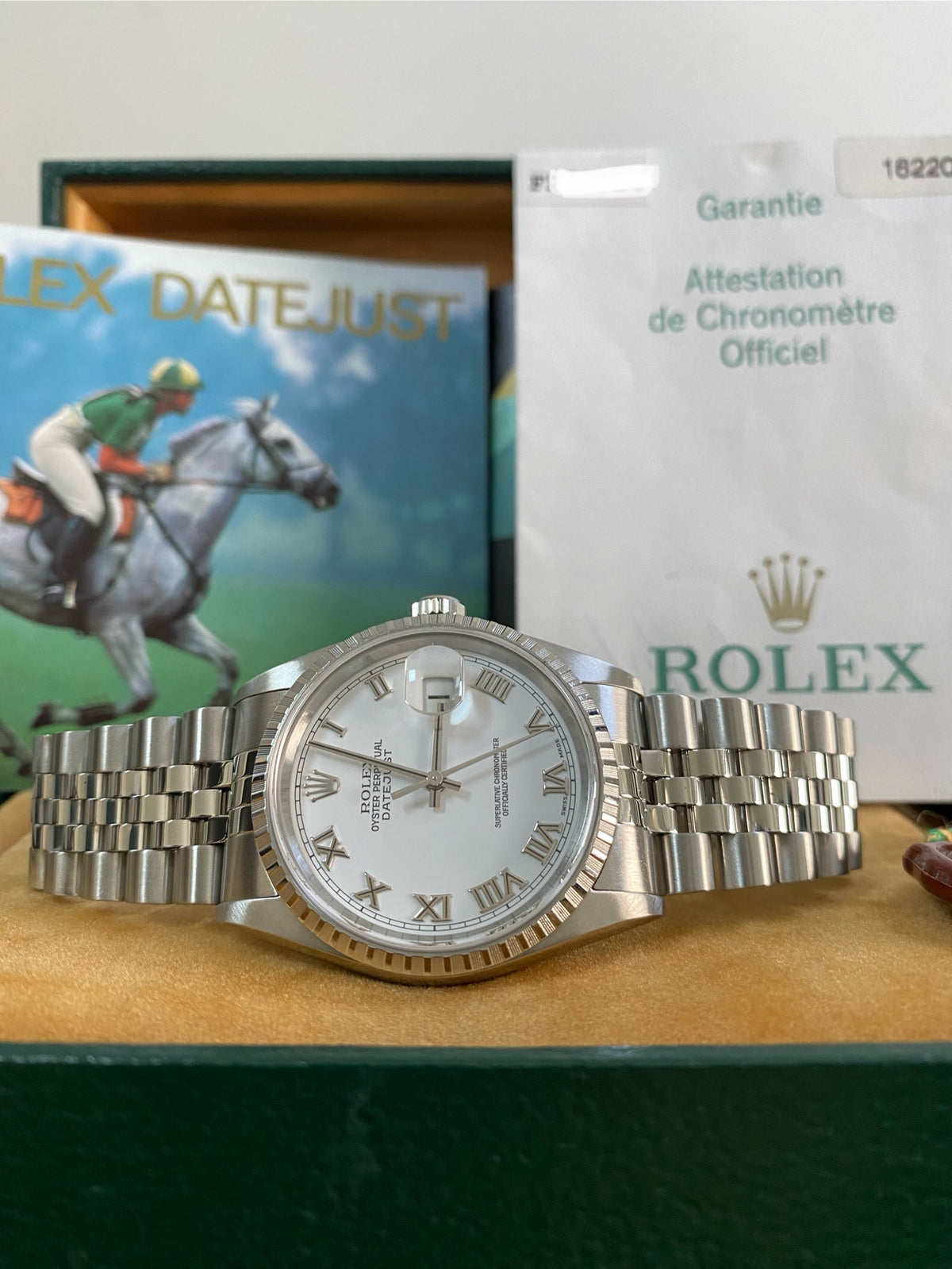 Rolex Steel Datejust 36 - F serial - Engine Turned Bezel - White Roman Dial - Jubilee Bracelet - 16220