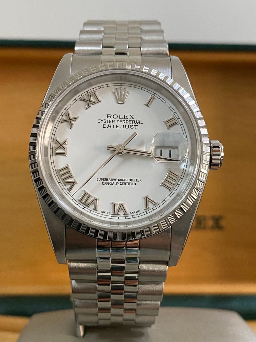 Rolex Steel Datejust 36 - F serial - Engine Turned Bezel - White Roman Dial - Jubilee Bracelet - 16220