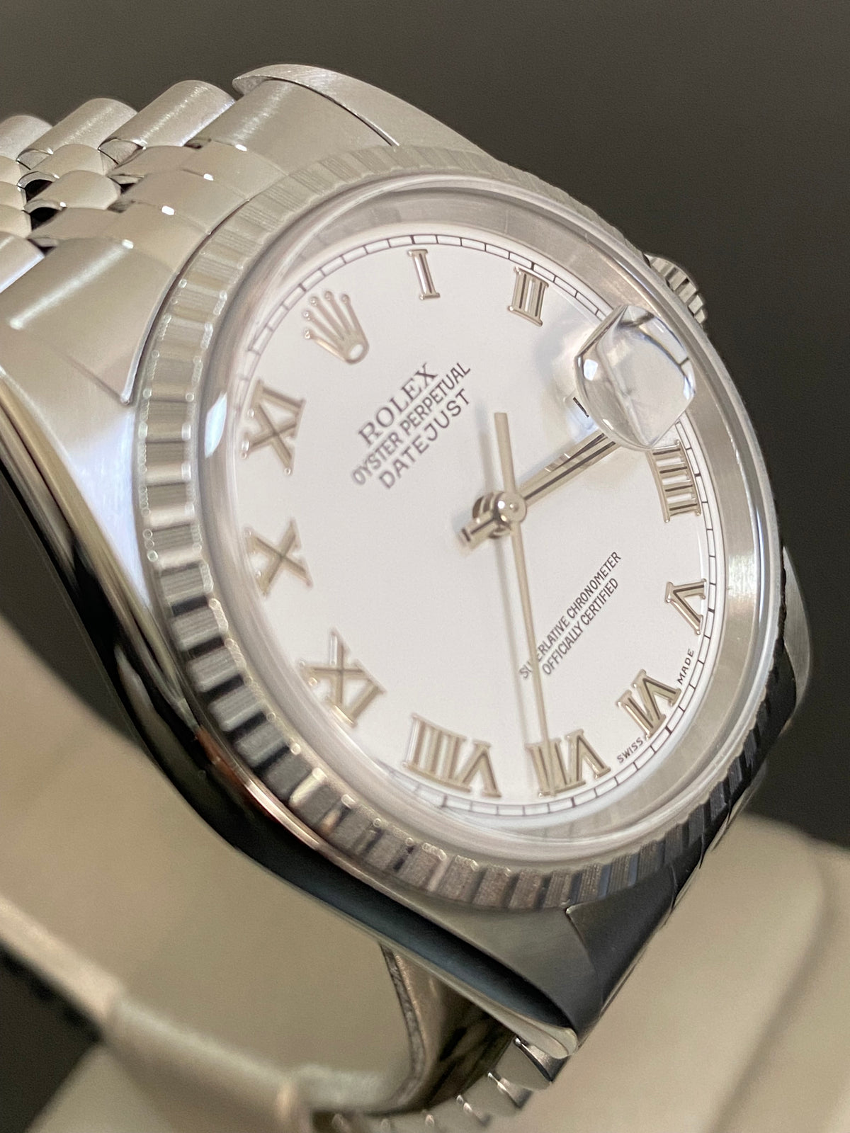 Rolex Steel Datejust 36 - F serial - Engine Turned Bezel - White Roman Dial - Jubilee Bracelet - 16220