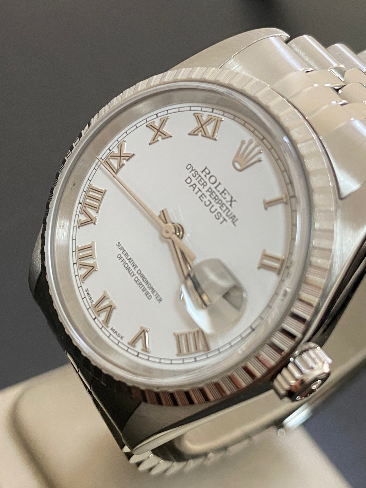 Rolex Steel Datejust 36 - F serial - Engine Turned Bezel - White Roman Dial - Jubilee Bracelet - 16220