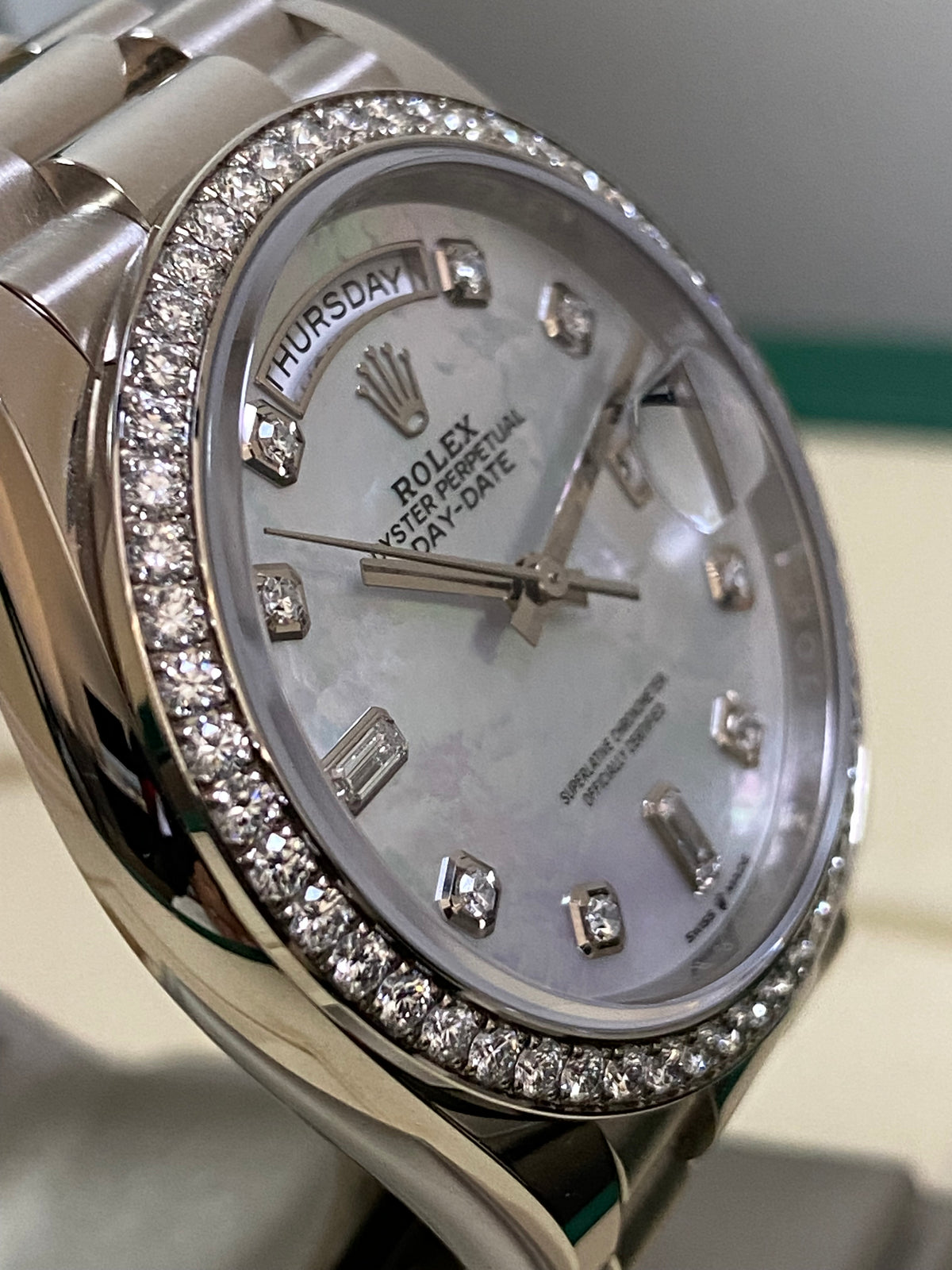 Rolex White Gold Day-Date 36 - 2023 - Diamond Bezel - Mother-of-Pearl Diamond Dial - President Bracelet - 128349RBR