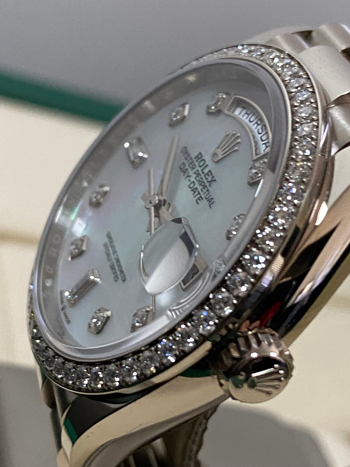 Rolex White Gold Day-Date 36 - 2023 - Diamond Bezel - Mother-of-Pearl Diamond Dial - President Bracelet - 128349RBR