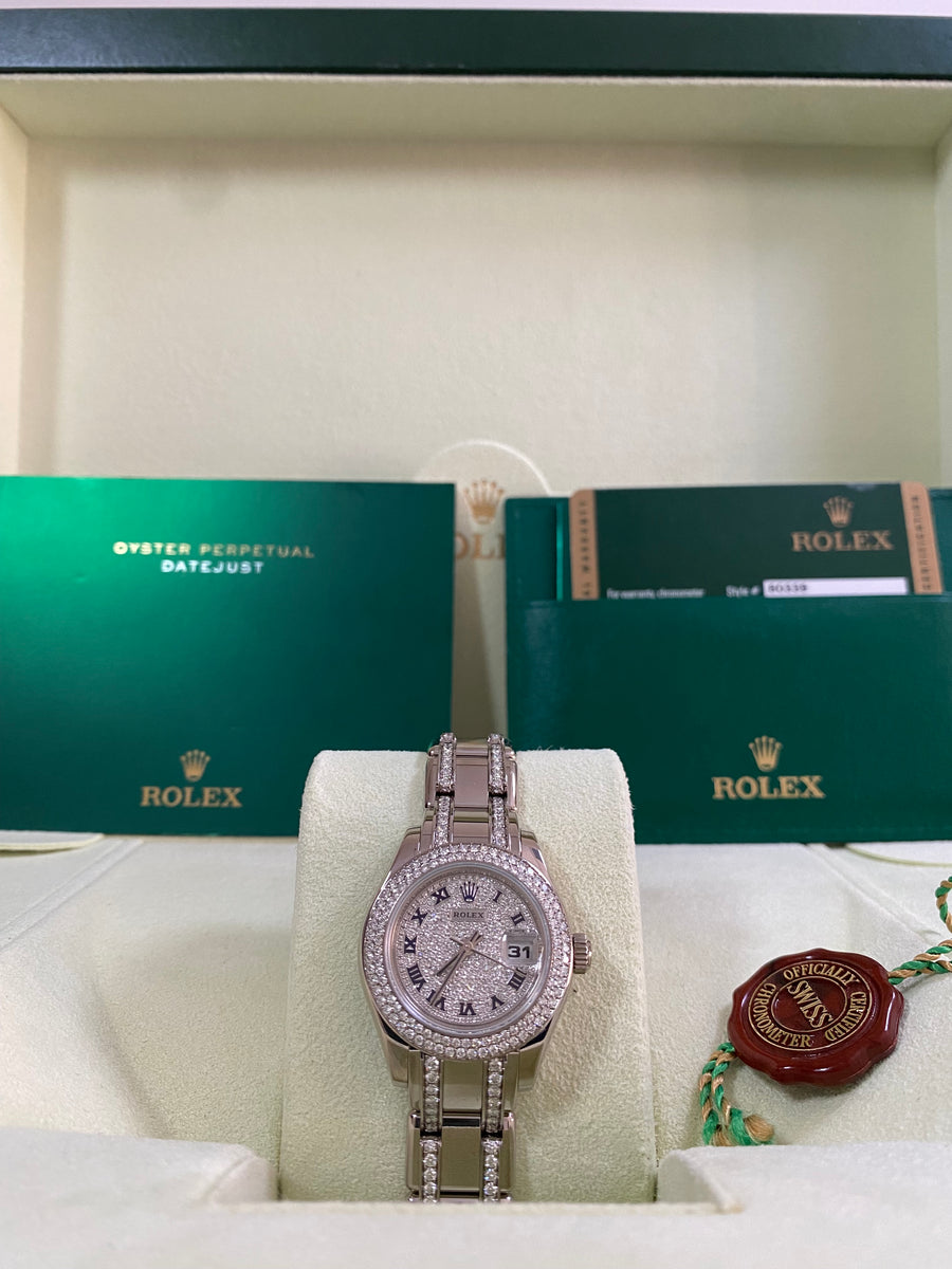 Rolex White Gold Lady-Datejust Pearlmaster 29 - 2001 - All Factory Diamond Bezel & Dial - 80339 *FULL SET*