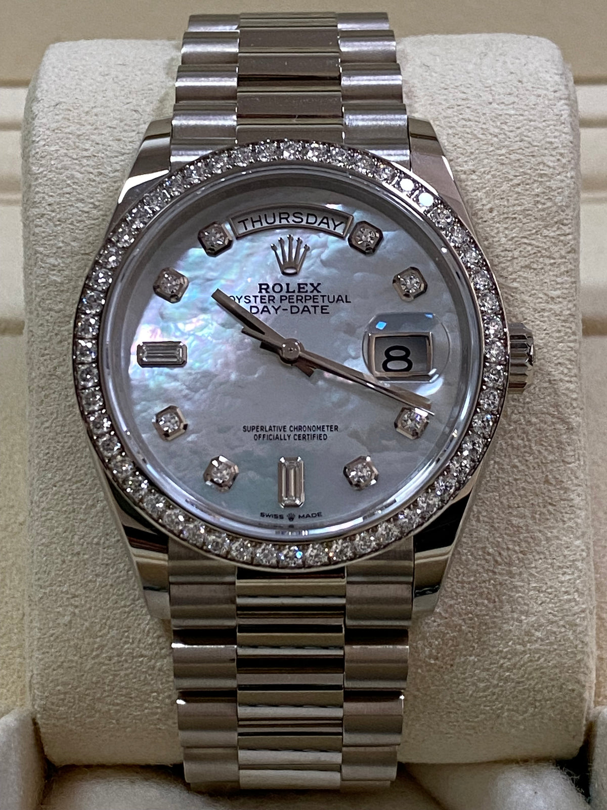 Rolex White Gold Day-Date 36 - 2023 - Diamond Bezel - Mother-of-Pearl Diamond Dial - President Bracelet - 128349RBR