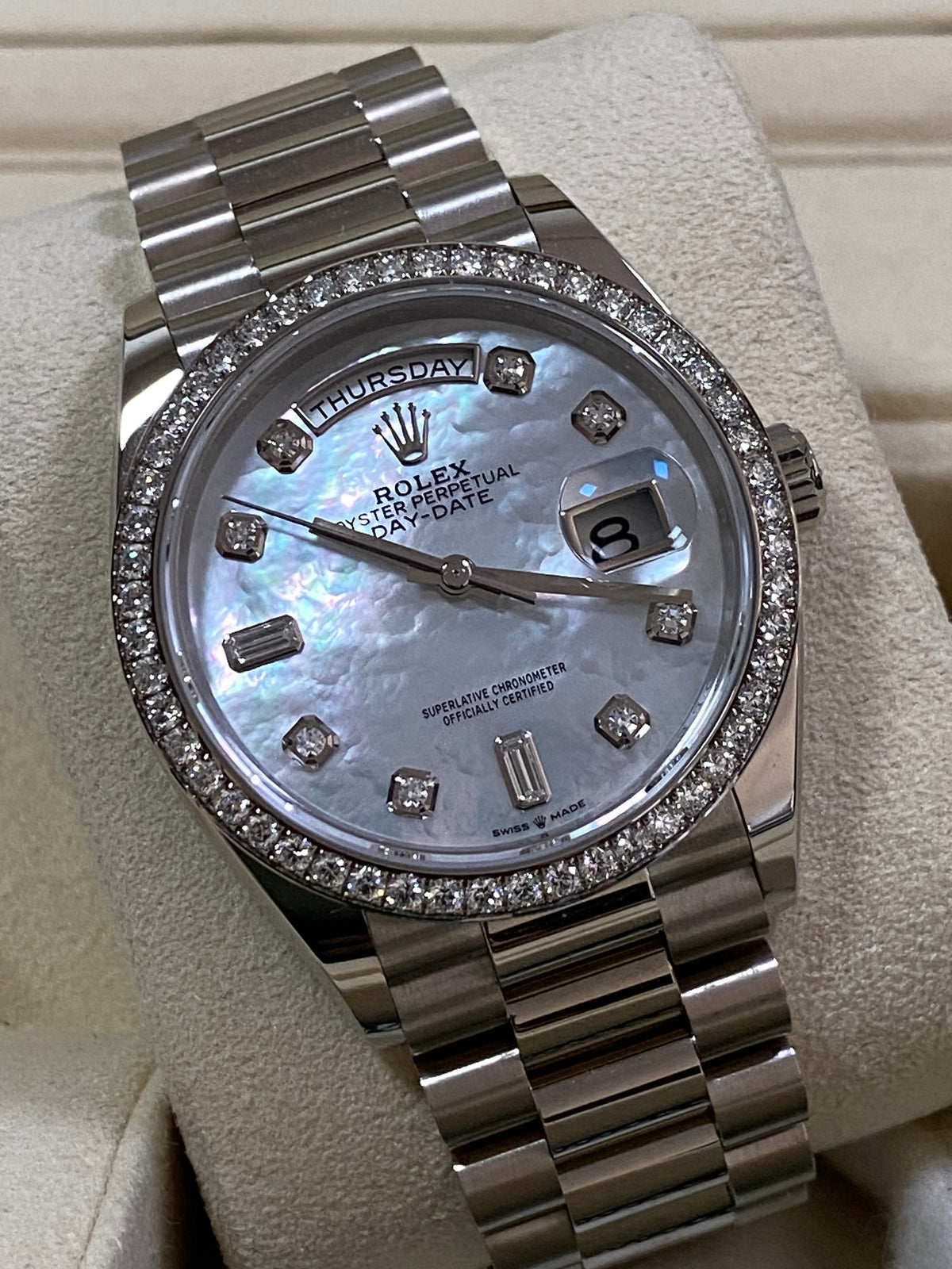 Rolex White Gold Day-Date 36 - 2023 - Diamond Bezel - Mother-of-Pearl Diamond Dial - President Bracelet - 128349RBR