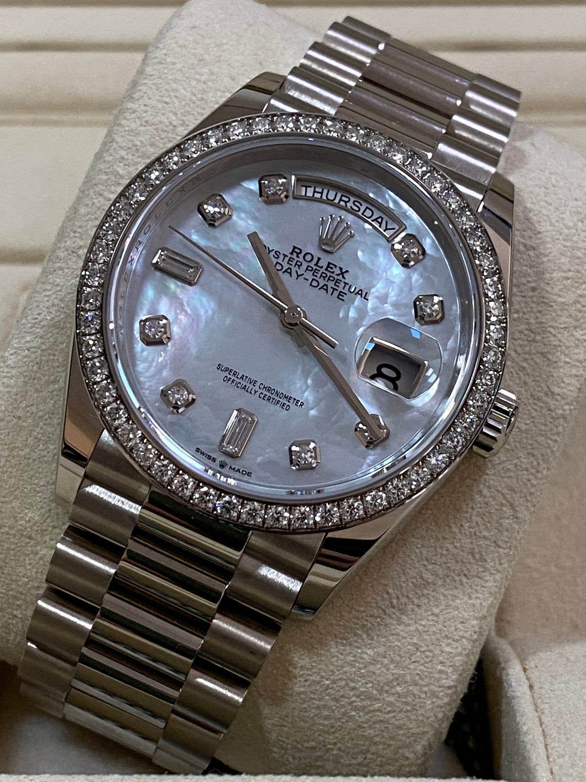 Rolex White Gold Day-Date 36 - 2023 - Diamond Bezel - Mother-of-Pearl Diamond Dial - President Bracelet - 128349RBR