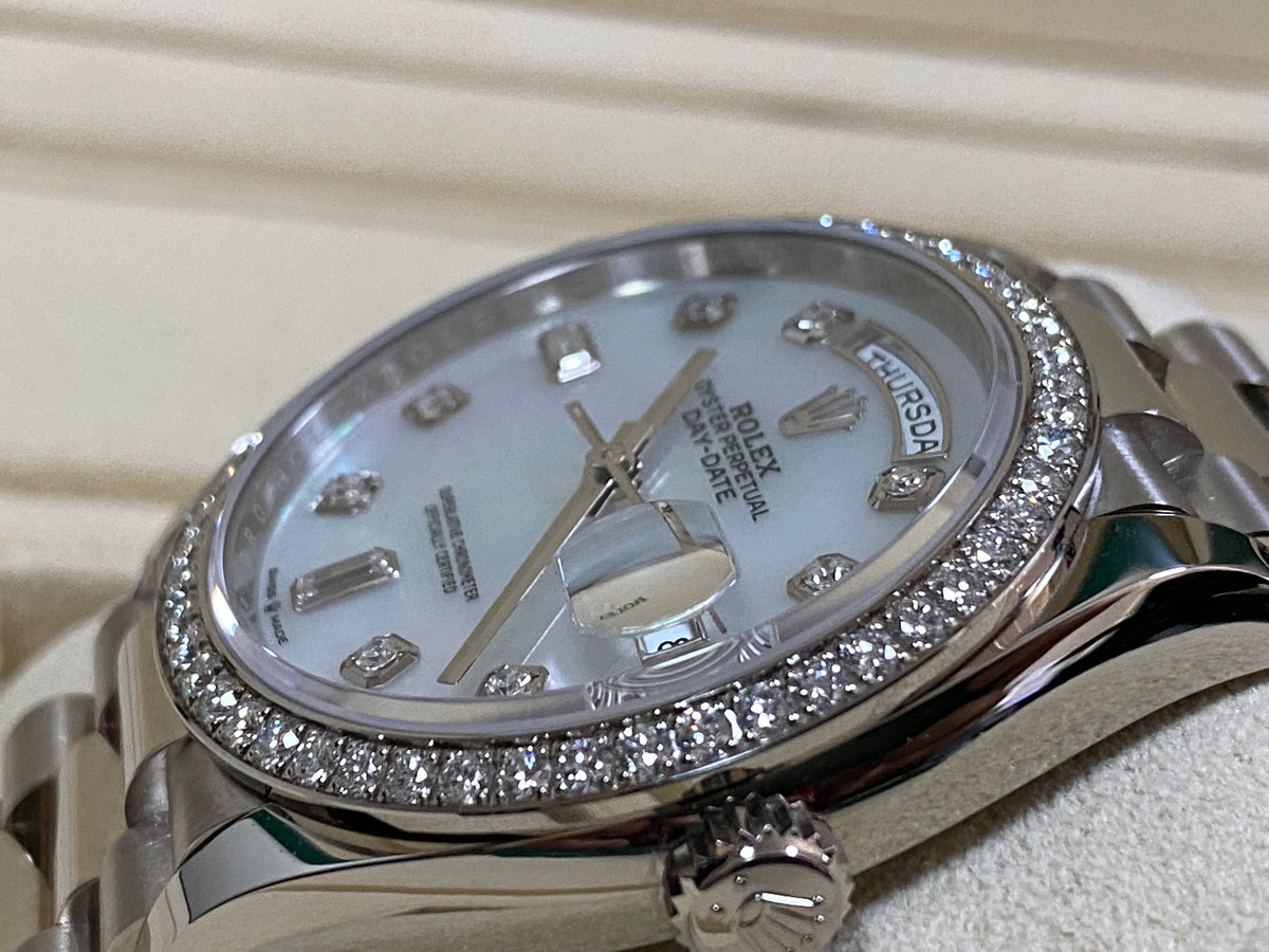 Rolex White Gold Day-Date 36 - 2023 - Diamond Bezel - Mother-of-Pearl Diamond Dial - President Bracelet - 128349RBR