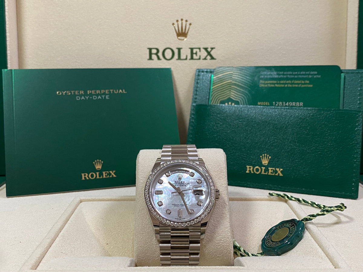 Rolex White Gold Day-Date 36 - 2023 - Diamond Bezel - Mother-of-Pearl Diamond Dial - President Bracelet - 128349RBR