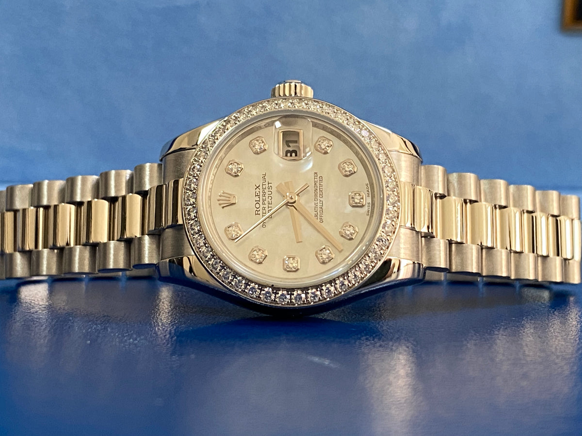 Rolex Platinum Lady-Datejust - Diamond Bezel - Mother-Of-Pearl Diamond Dial - President Bracelet - 179136